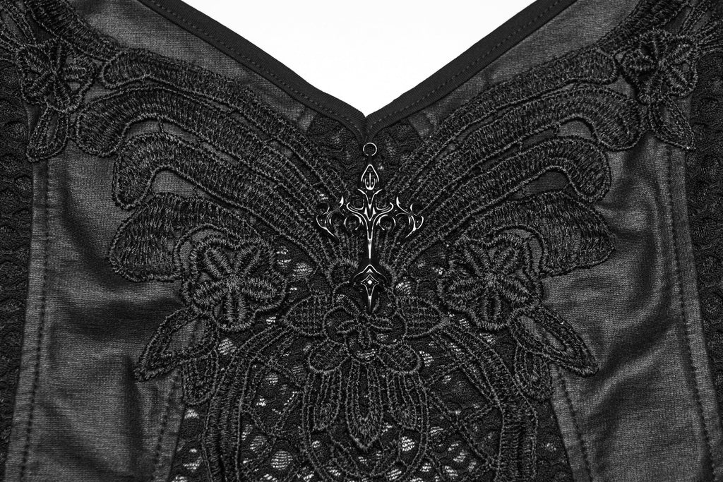 Punk Rave Goth Camisole Top with Feature Embroidery and Tie Back