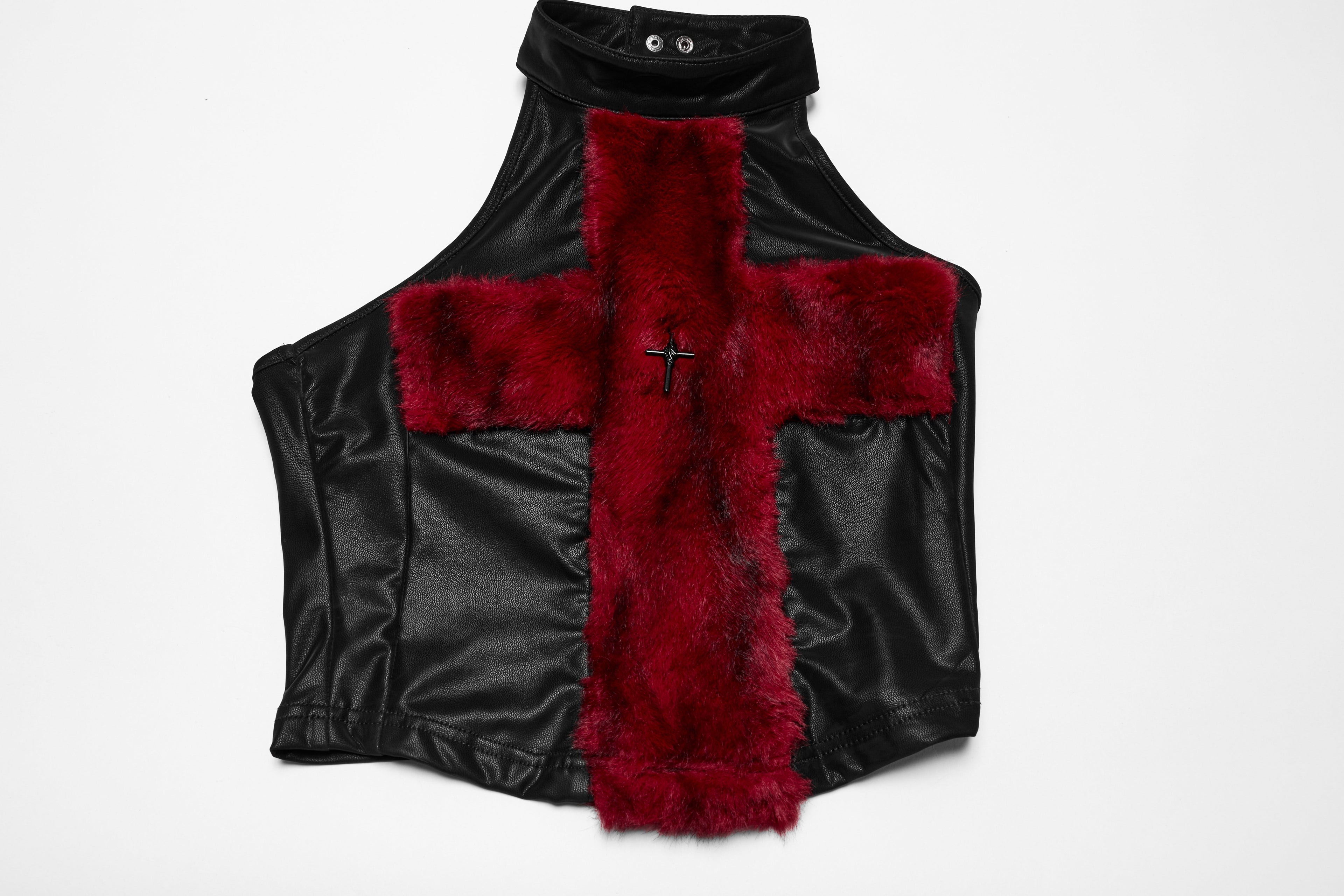 Punk Rave Valora Cross Fur Halter Top In Crimson