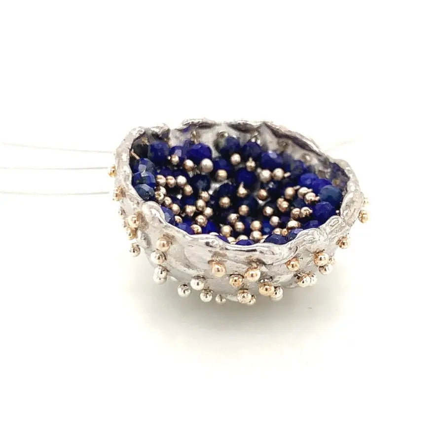 Dance of Stamens Necklace Midi, Silver Hollow Bezel with Lapis Lazuli