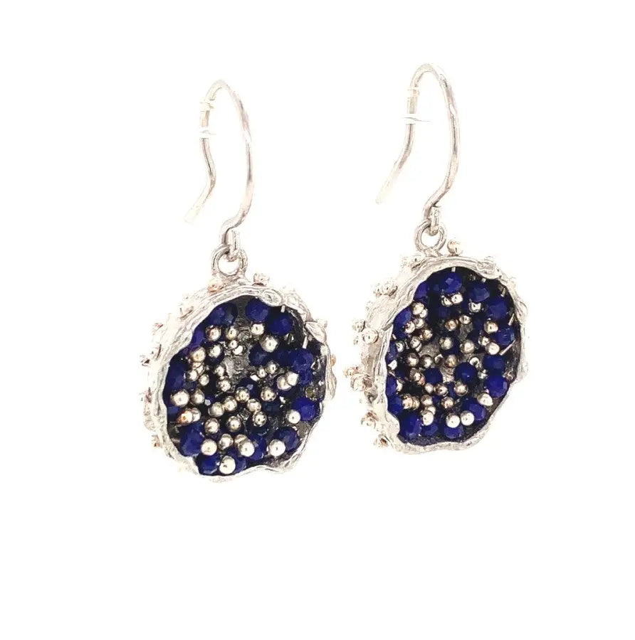Dance of Stamens Medium Earring, Silver Hollow Bezel with Mobile Semiprecious Stones Lapis Lazouli