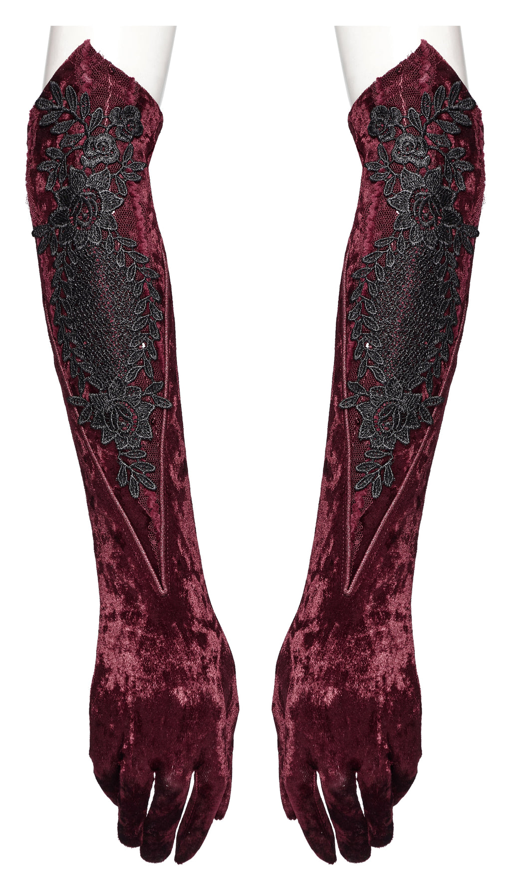 Punk Rave Selene Embroidered Velvet Gloves in Crimson