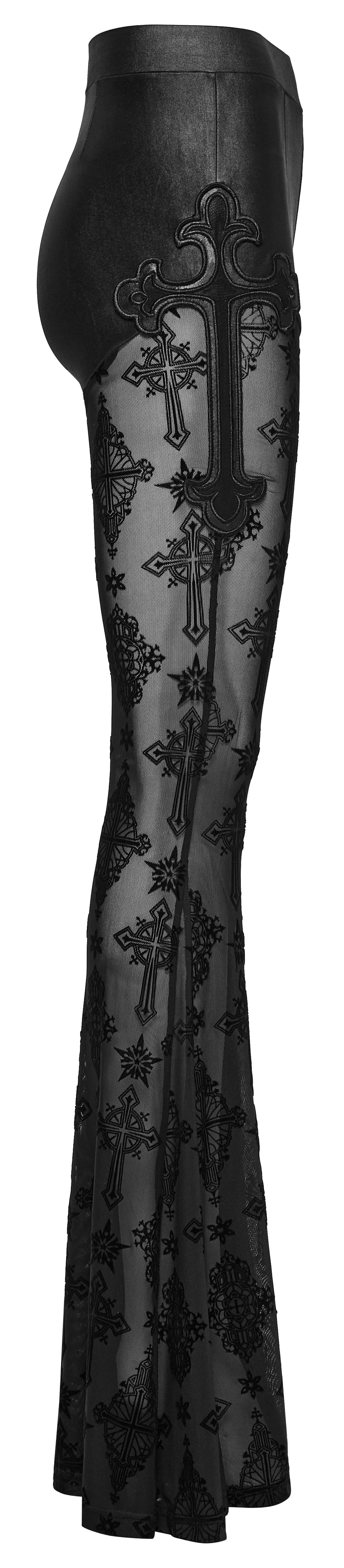 Punk Rave Seraphina Gothic Lace Flares - Cross Flocking Mesh Leggings