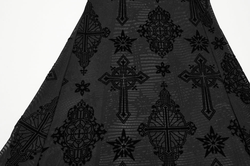 Punk Rave Seraphina Gothic Lace Flares - Cross Flocking Mesh Leggings