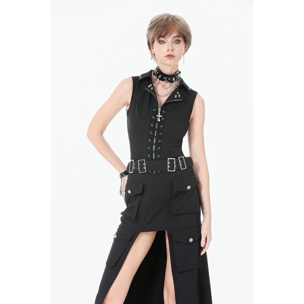 Dark in Love Punk Layered Pocket Cutout Belted Long Skirt