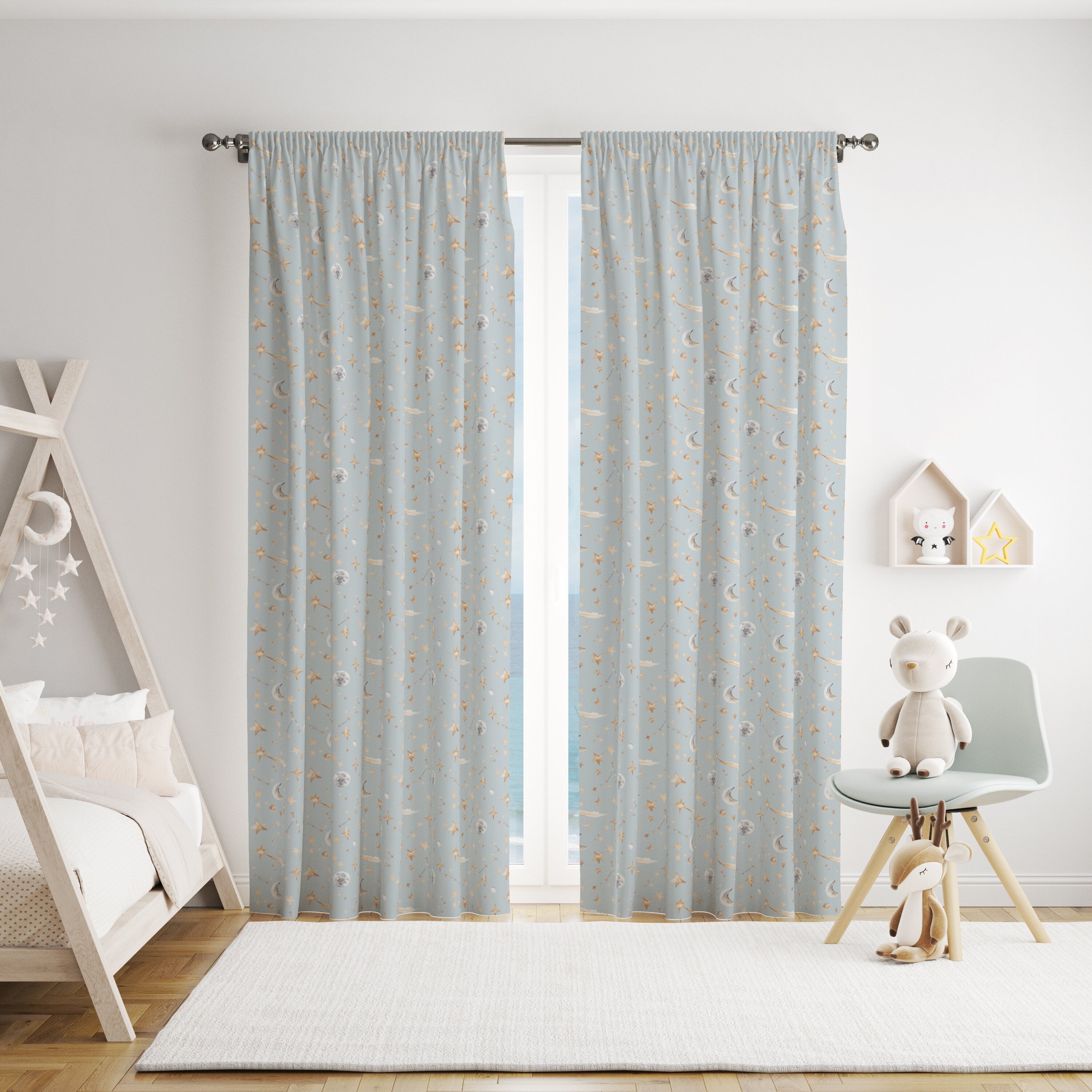 Watercolour Stars and Constellations Printed Cotton Curtain Fabric