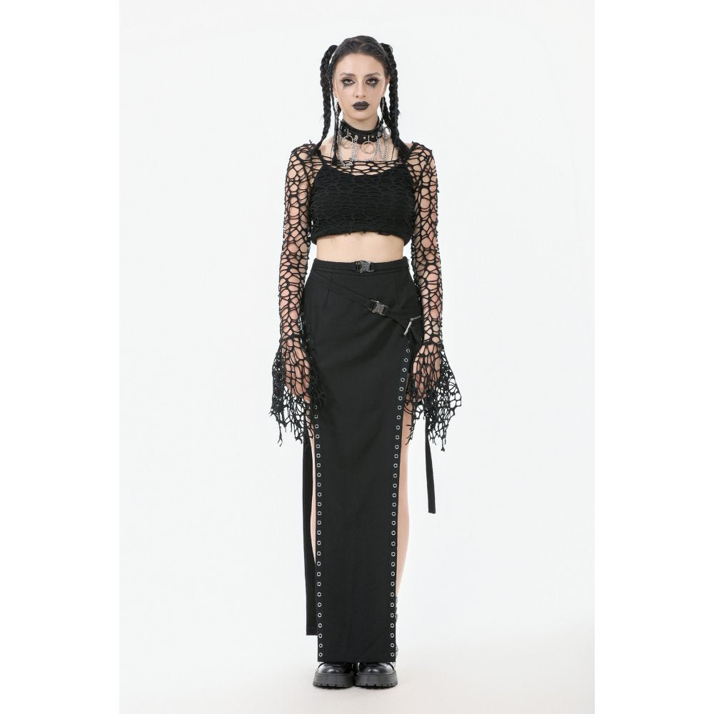 Dark in Love Morana Mesh Crochet Knit Bell Sleeve Crop Top