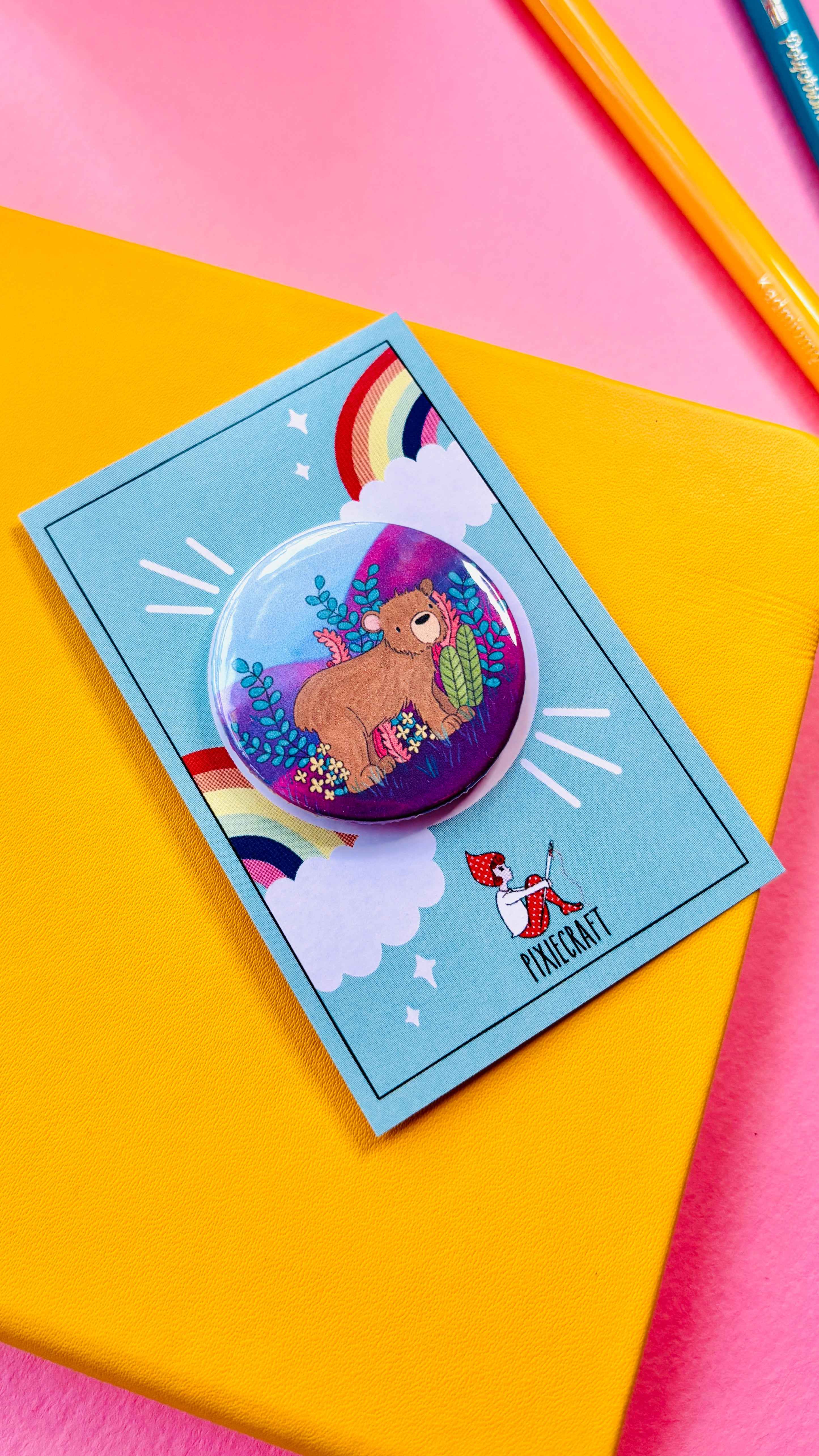 Brown Bear Illustrated Art Vibrant Pin Badge or Magnet- Multiple options available