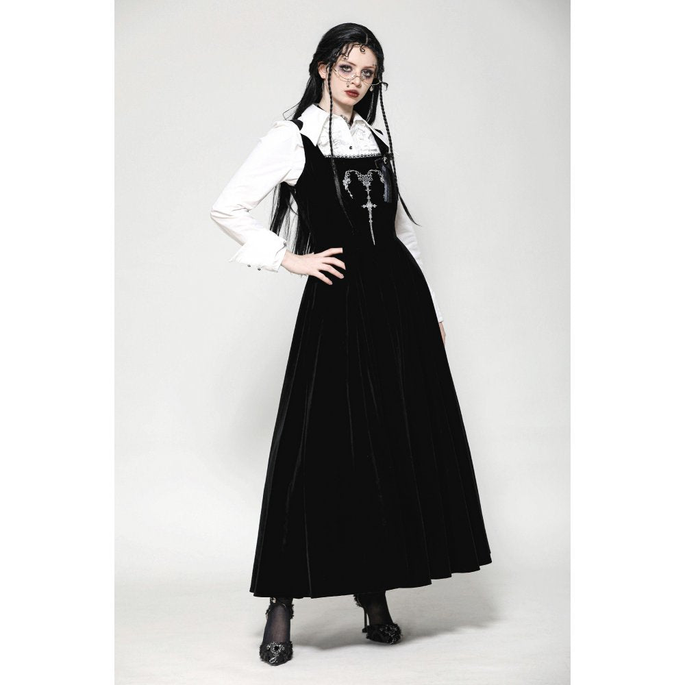 Dark in Love Lux Black Velvet Horn Embroidery Maxi Dress