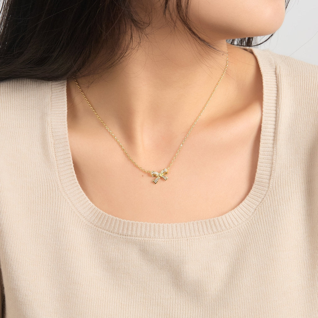 18k Gold Plated Bow Necklace Created with Zircondia® Crystals