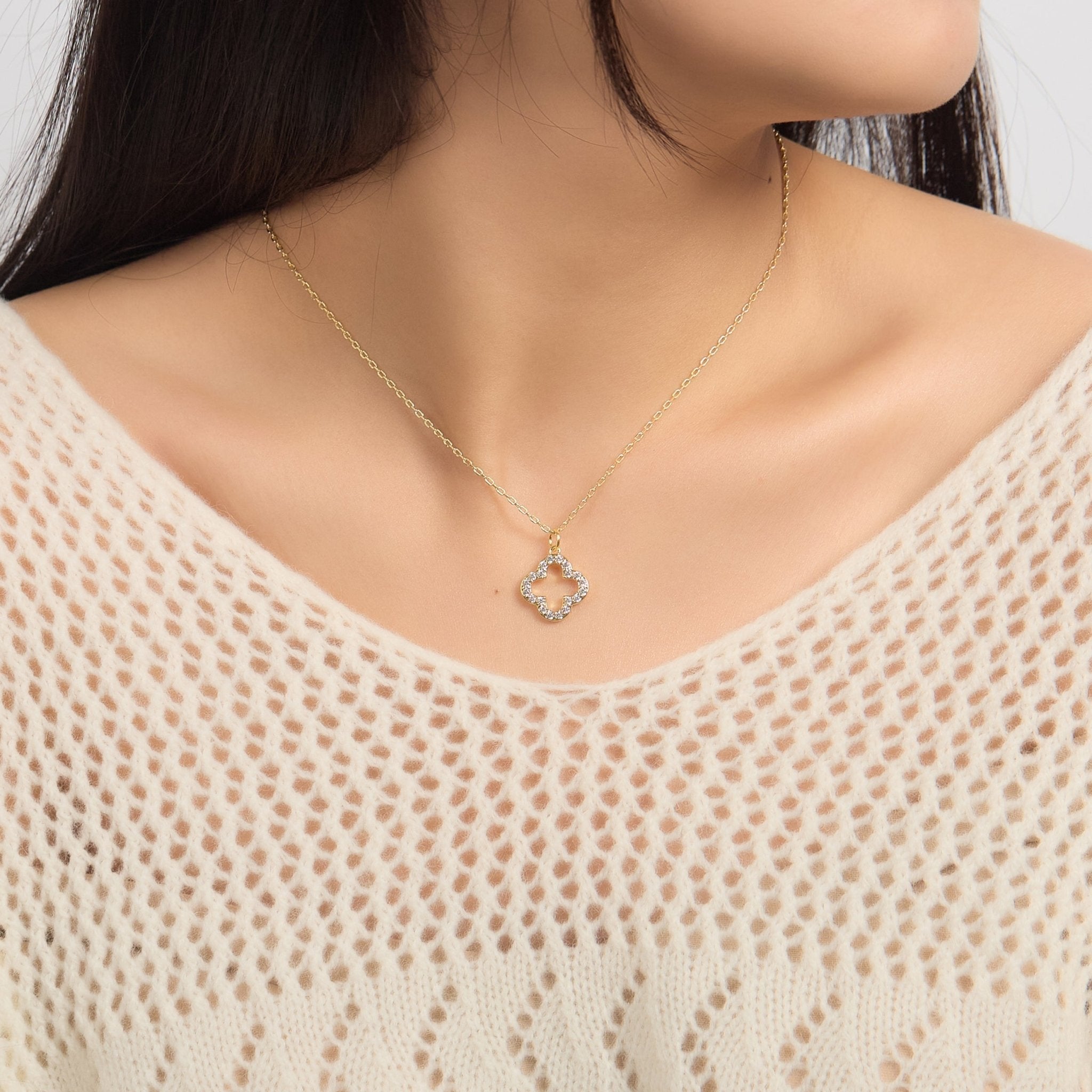 18k Gold Plated Clover Necklace Created with Zircondia® Crystals