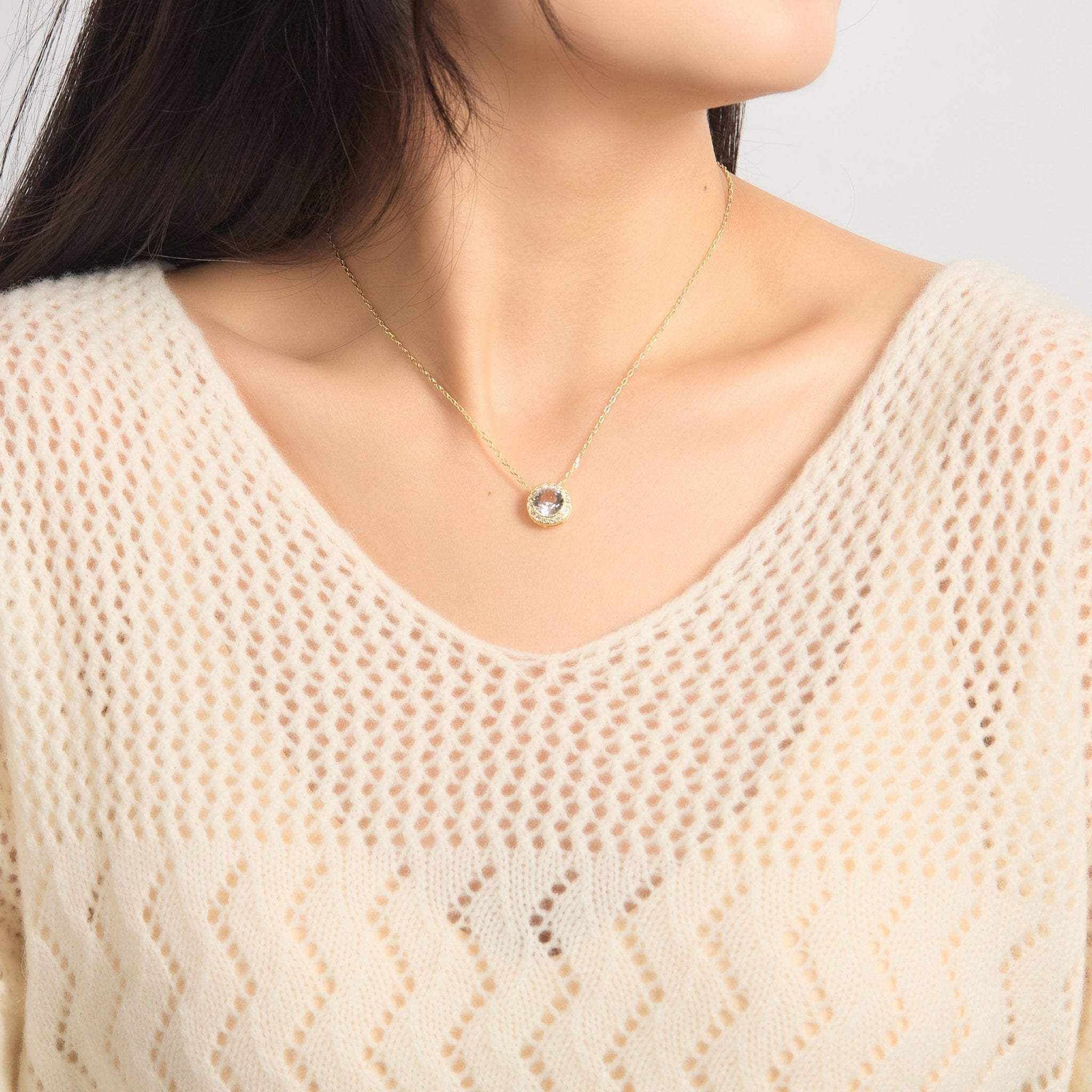 18k Gold Plated Halo Necklace Created with Zircondia® Crystals