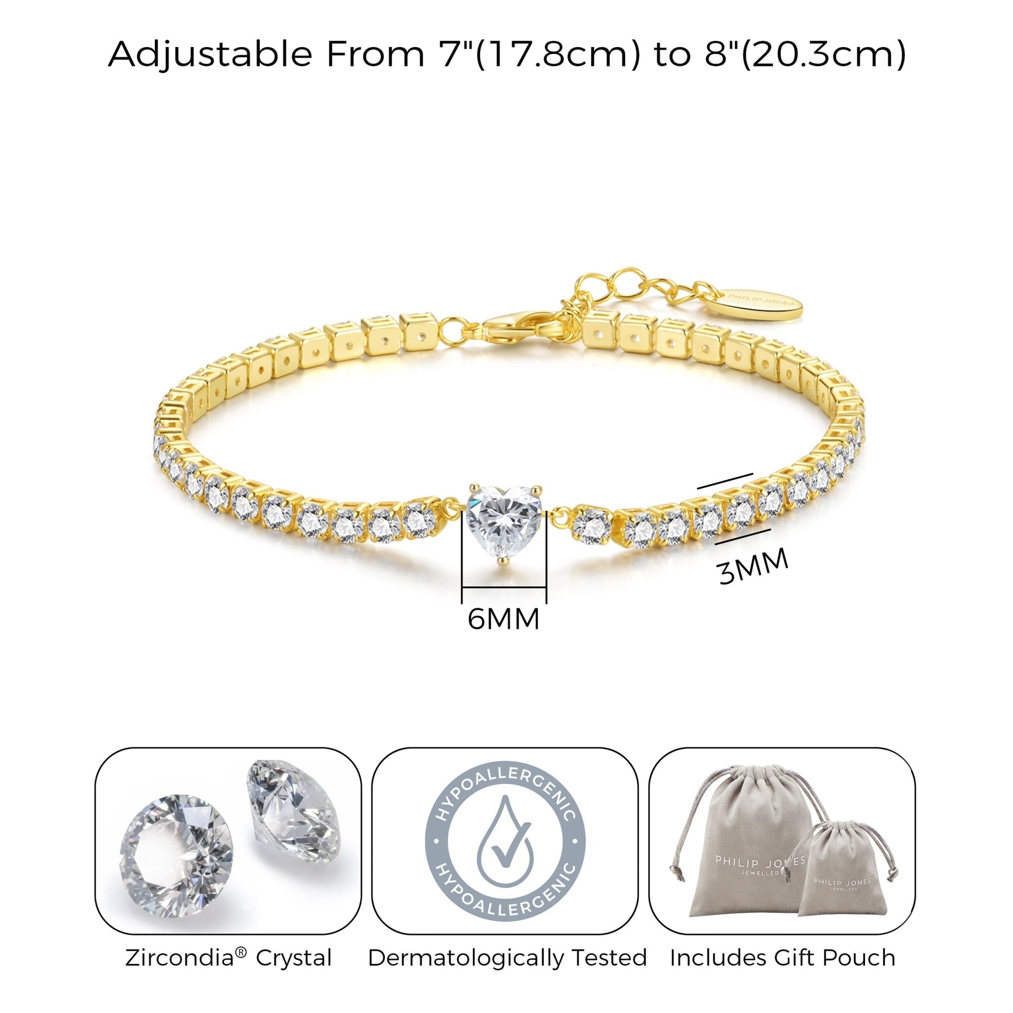 18k Gold Plated Heart Solitaire Tennis Bracelet Created with Zircondia® Crystals