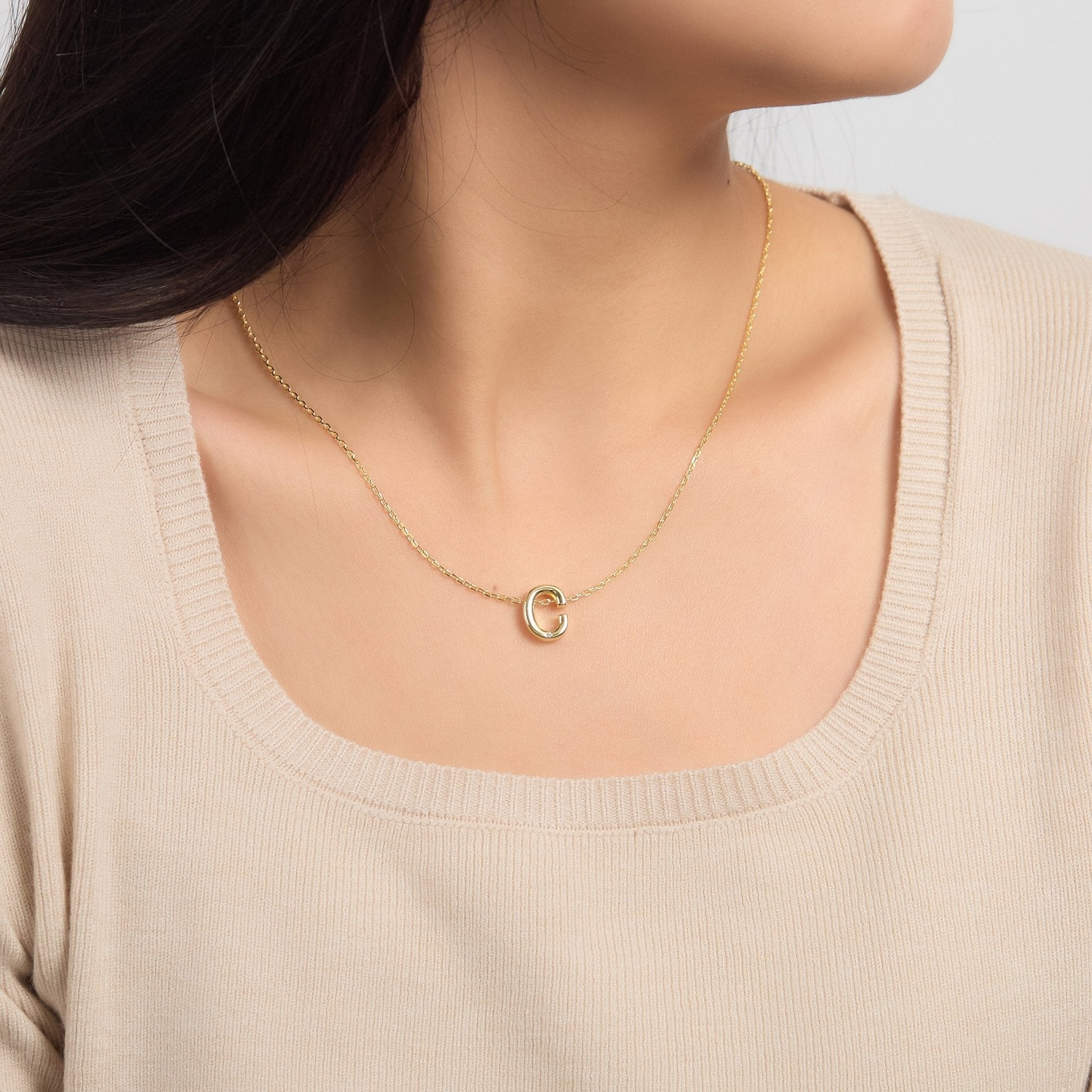 18k Gold Plated Initial Necklace Letter C Created with Zircondia® Crystals