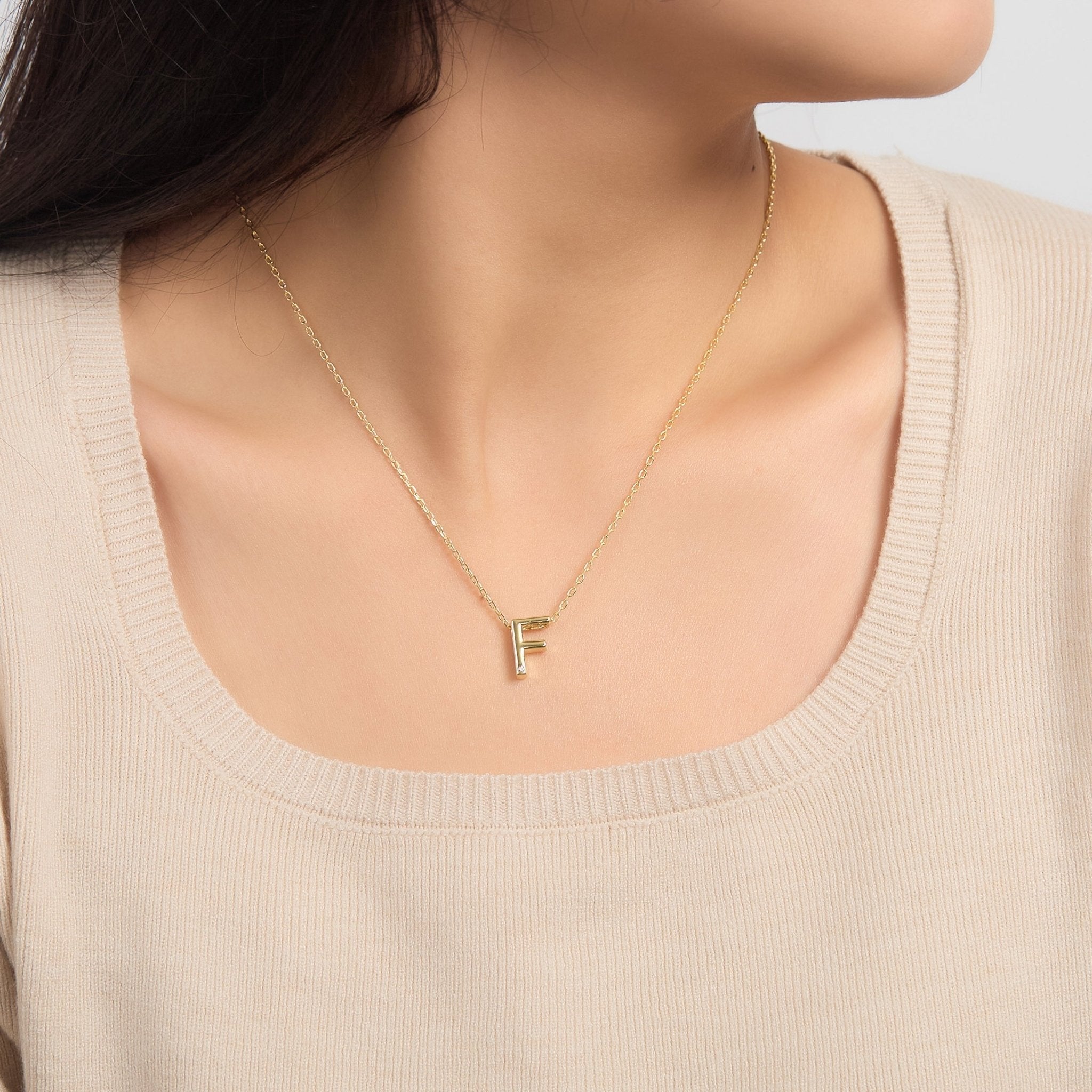 18k Gold Plated Initial Necklace Letter F Created with Zircondia® Crystals