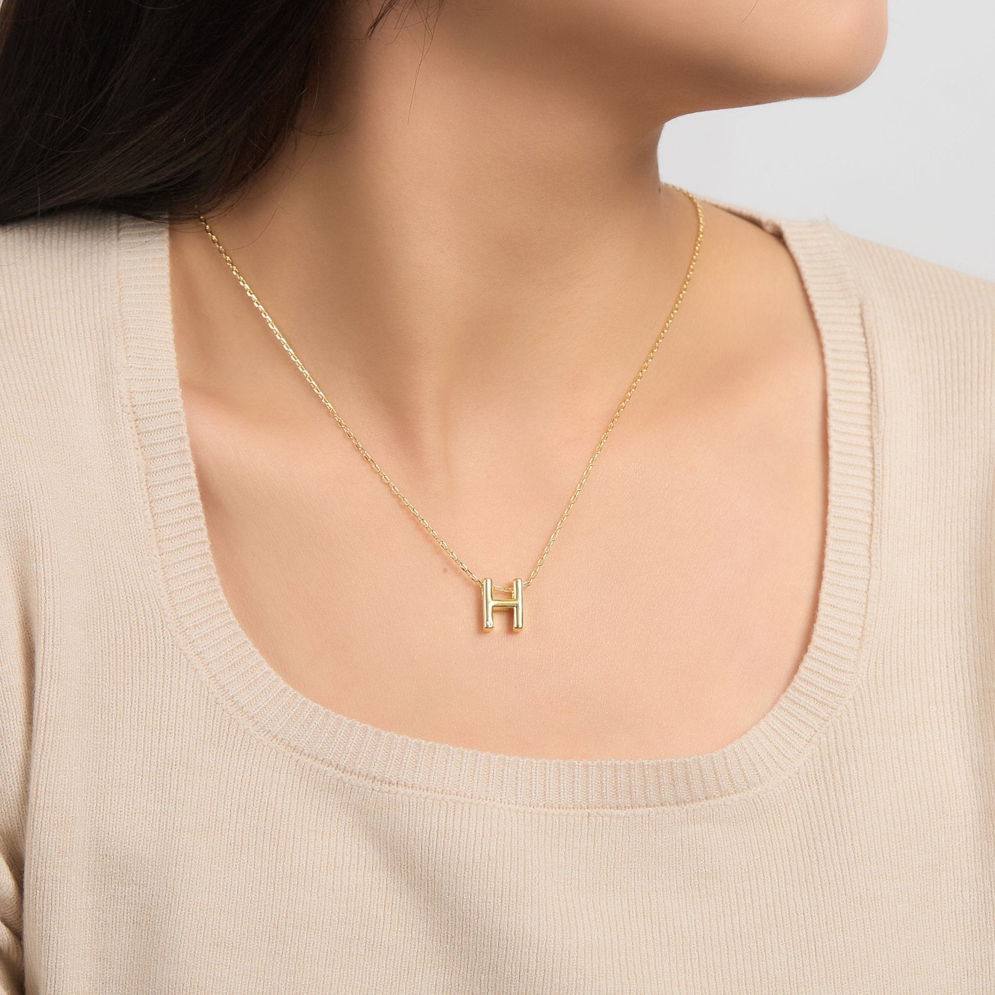 18k Gold Plated Initial Necklace Letter H Created with Zircondia® Crystals