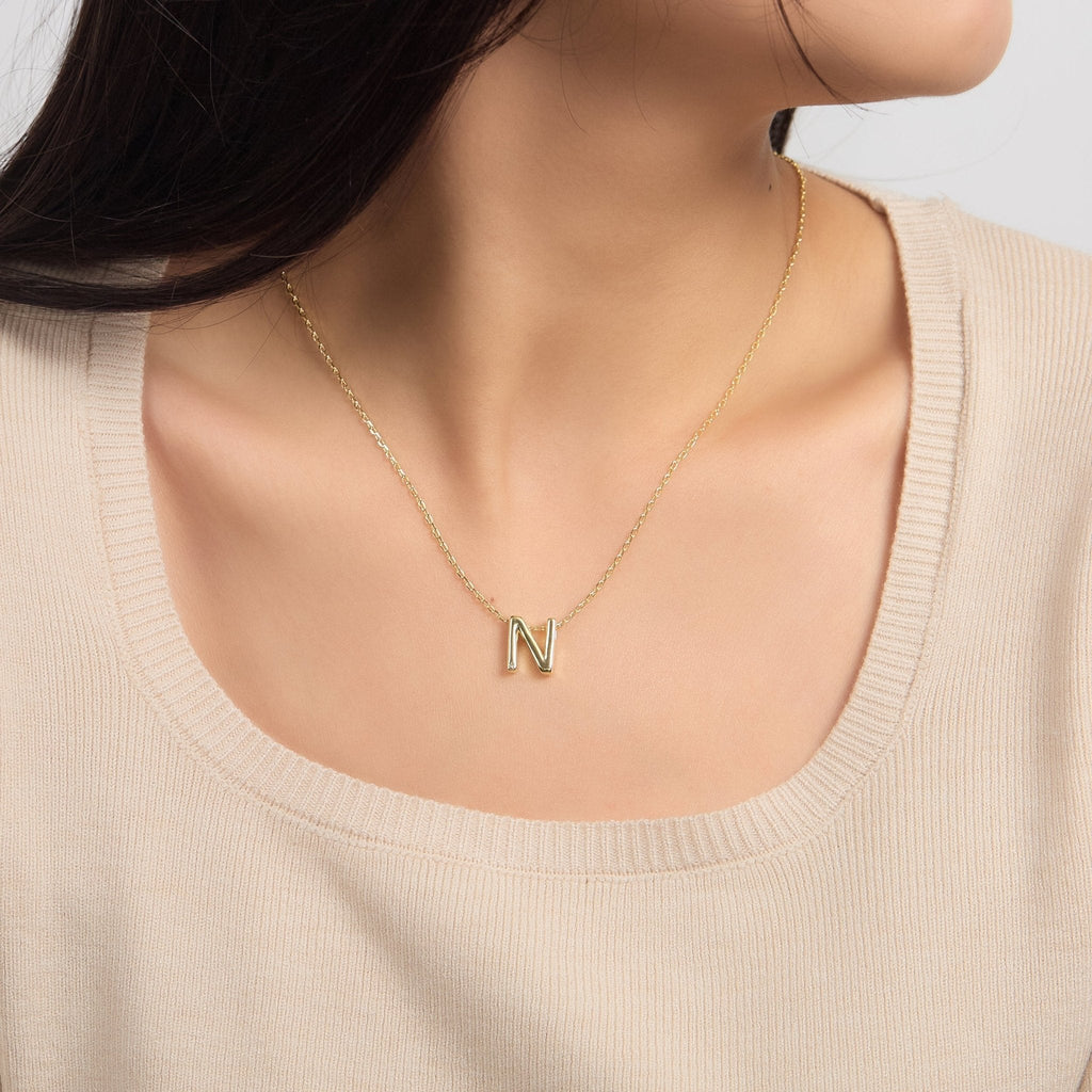 18k Gold Plated Initial Necklace Letter N Created with Zircondia® Crystals