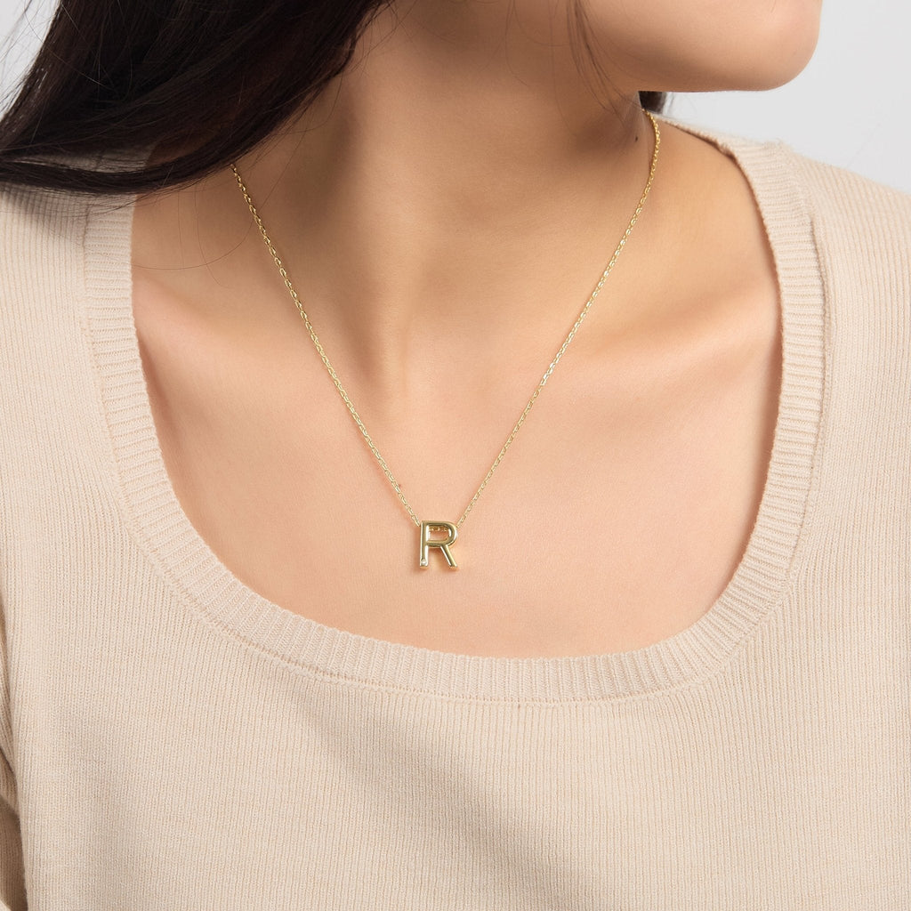 18k Gold Plated Initial Necklace Letter R Created with Zircondia® Crystals