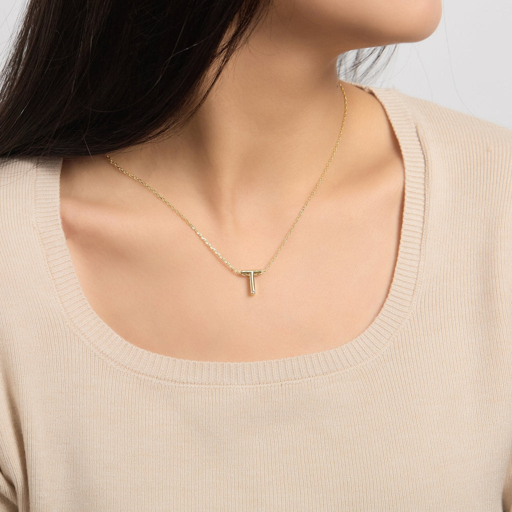 18k Gold Plated Initial Necklace Letter T Created with Zircondia® Crystals
