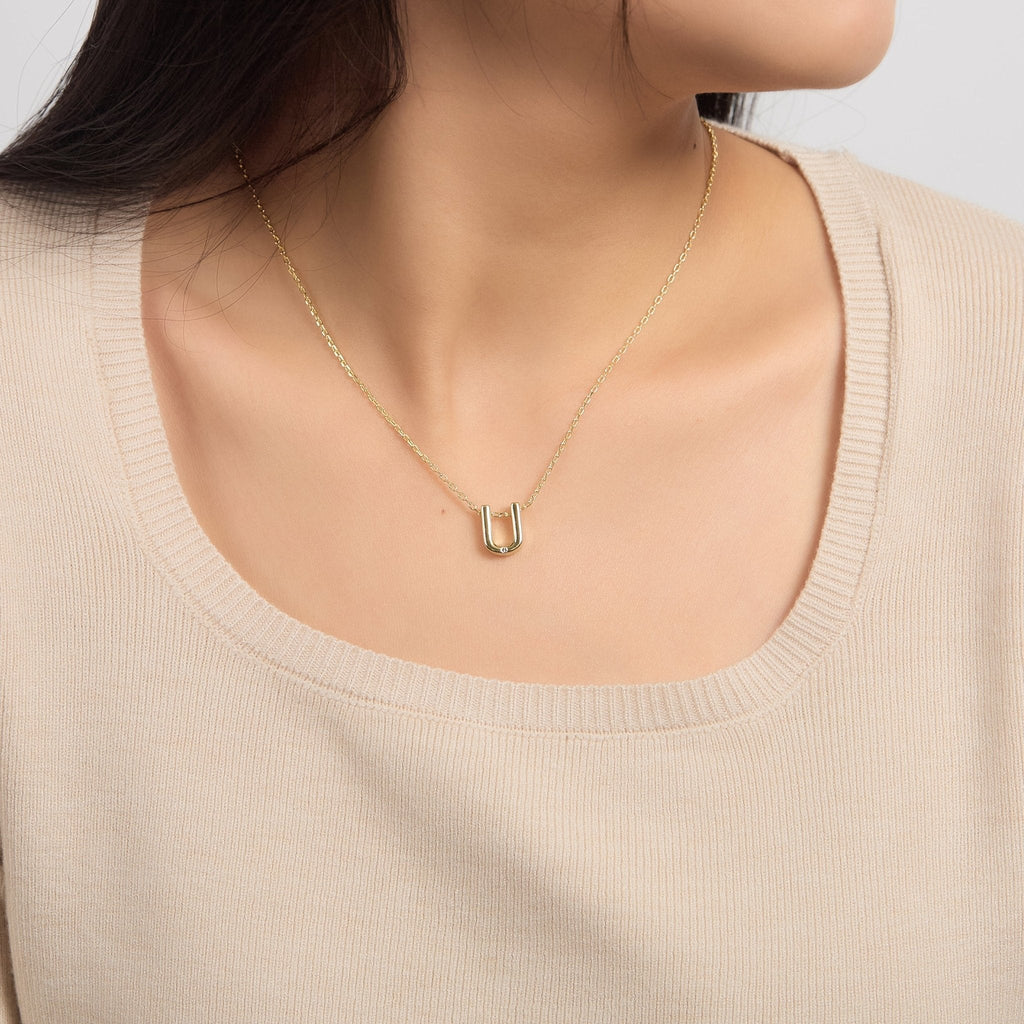 18k Gold Plated Initial Necklace Letter U Created with Zircondia® Crystals