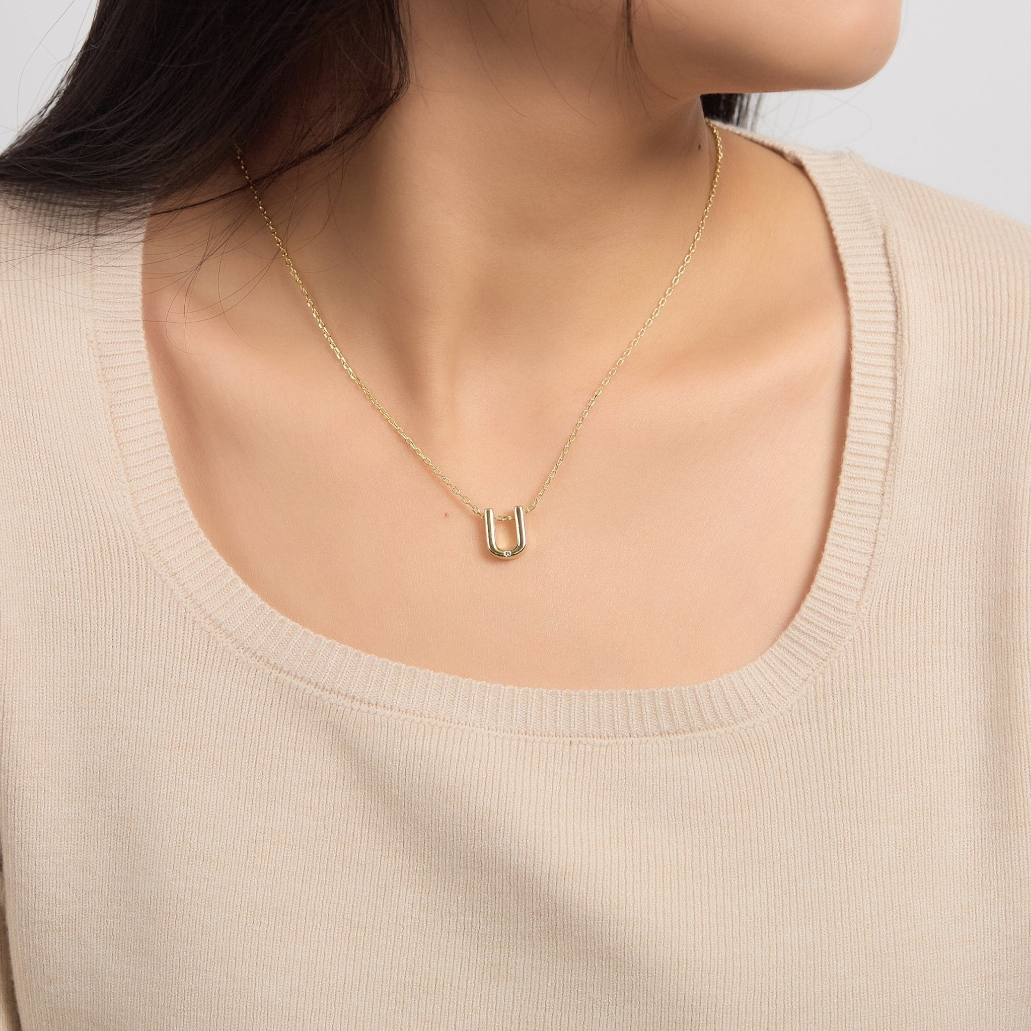 18k Gold Plated Initial Necklace Letter U Created with Zircondia® Crystals