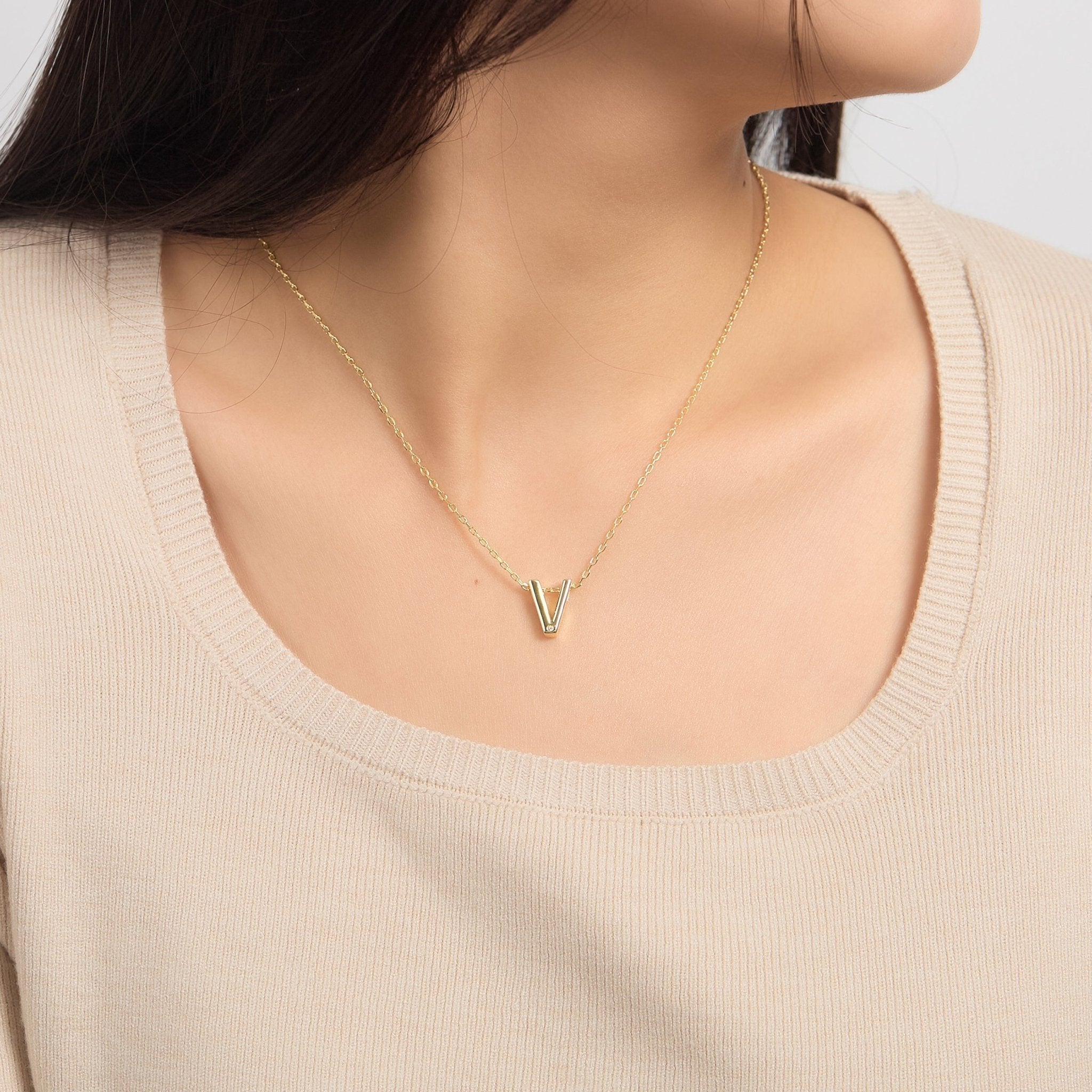18k Gold Plated Initial Necklace Letter V Created with Zircondia® Crystals