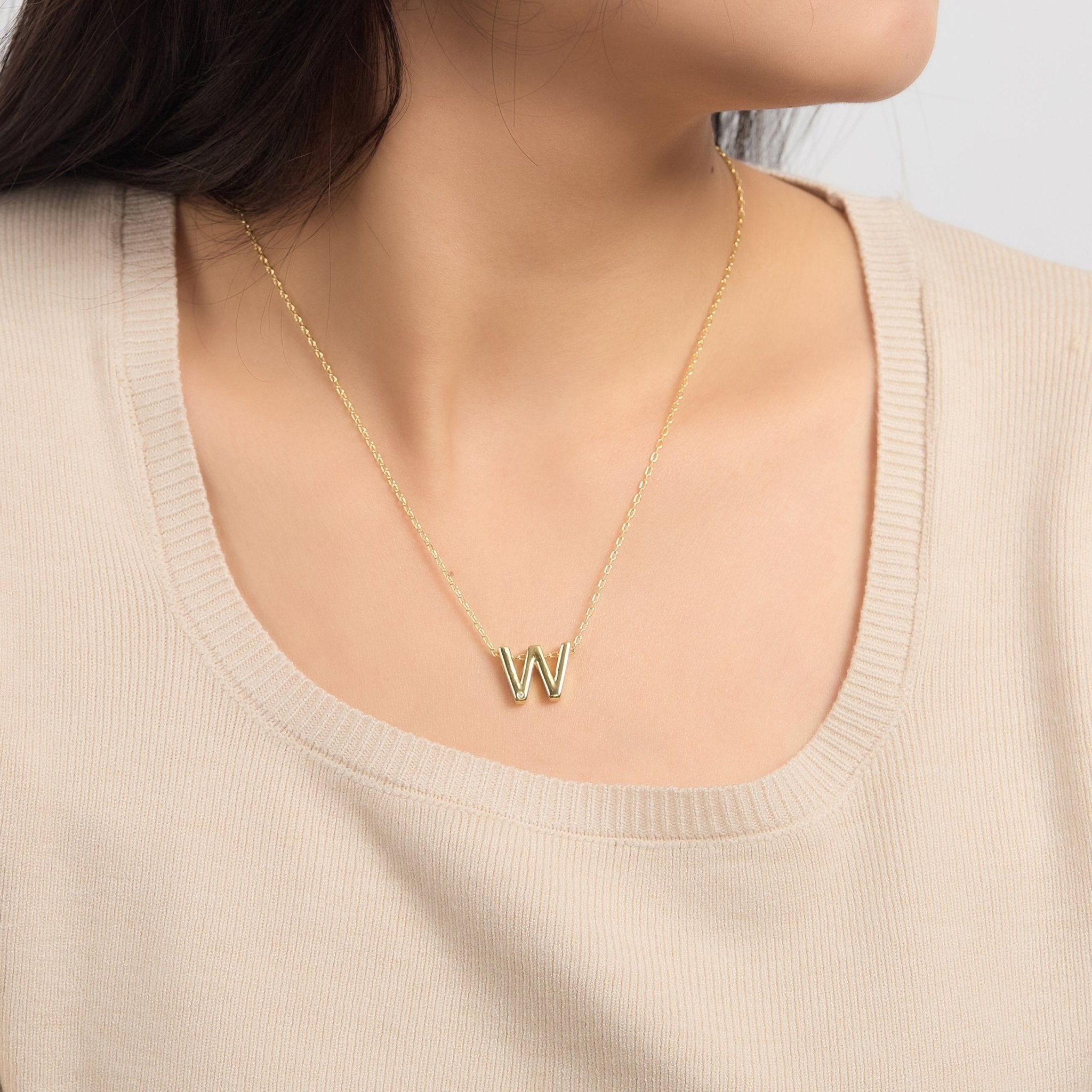 18k Gold Plated Initial Necklace Letter W Created with Zircondia® Crystals
