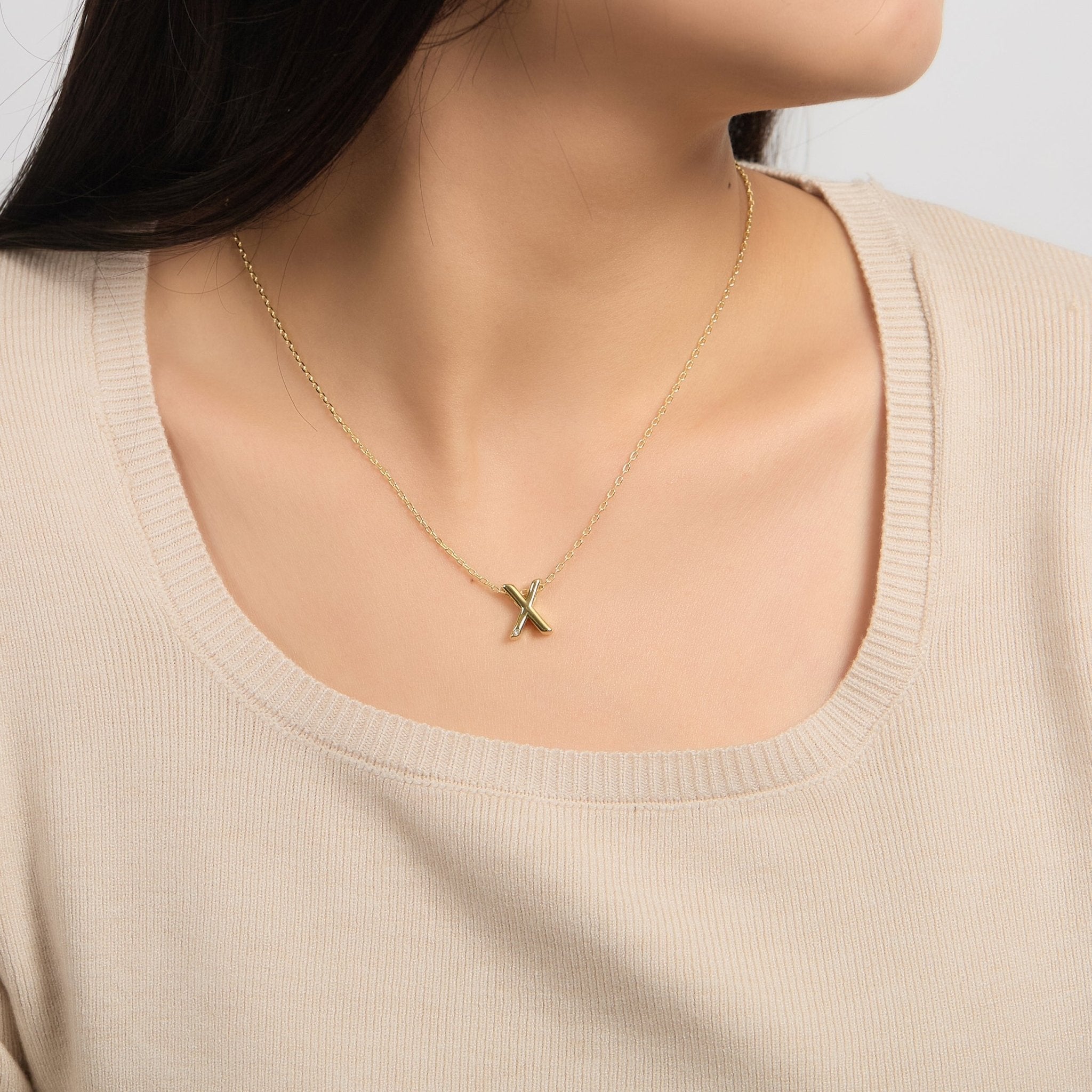 18k Gold Plated Initial Necklace Letter X Created with Zircondia® Crystals