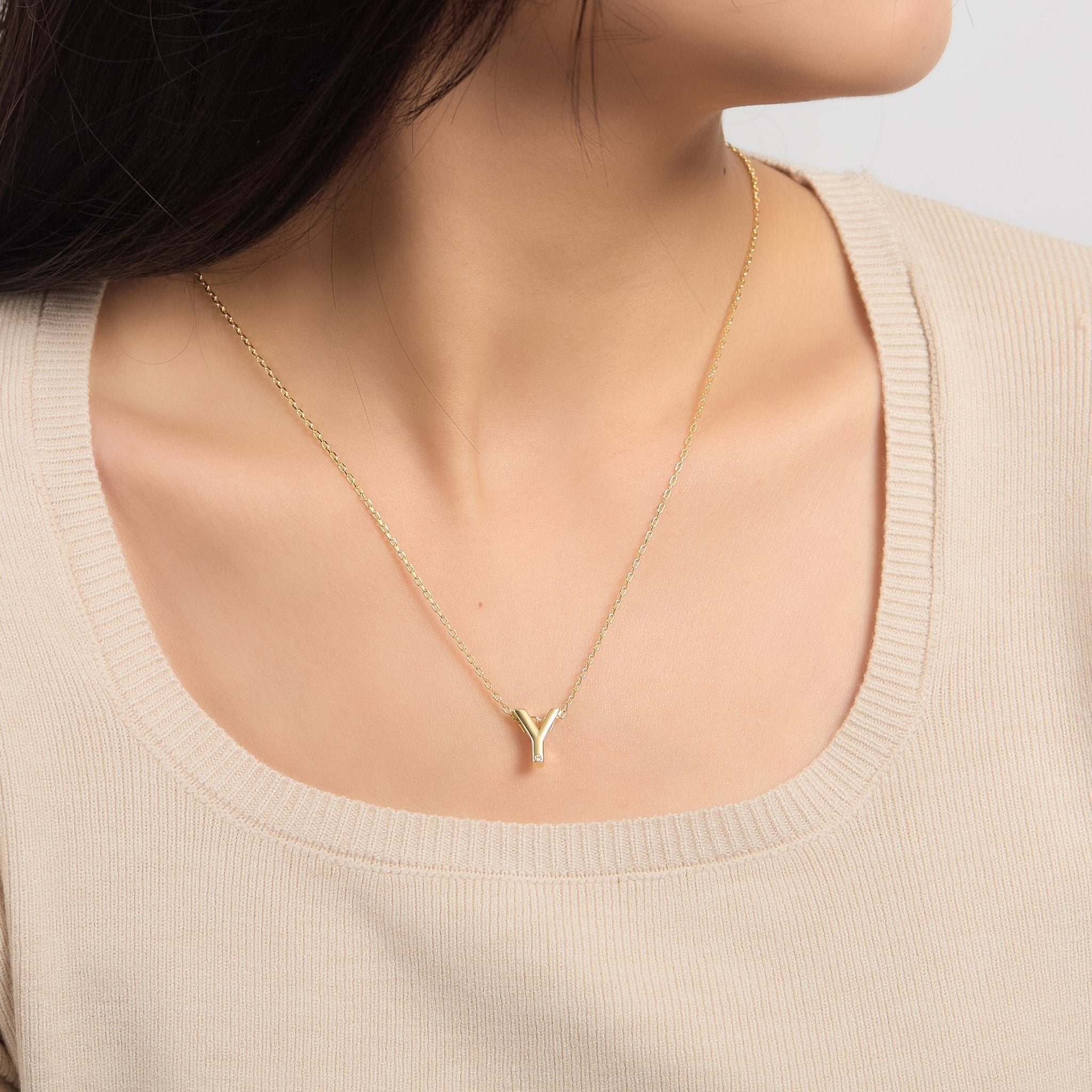 18k Gold Plated Initial Necklace Letter Y Created with Zircondia® Crystals
