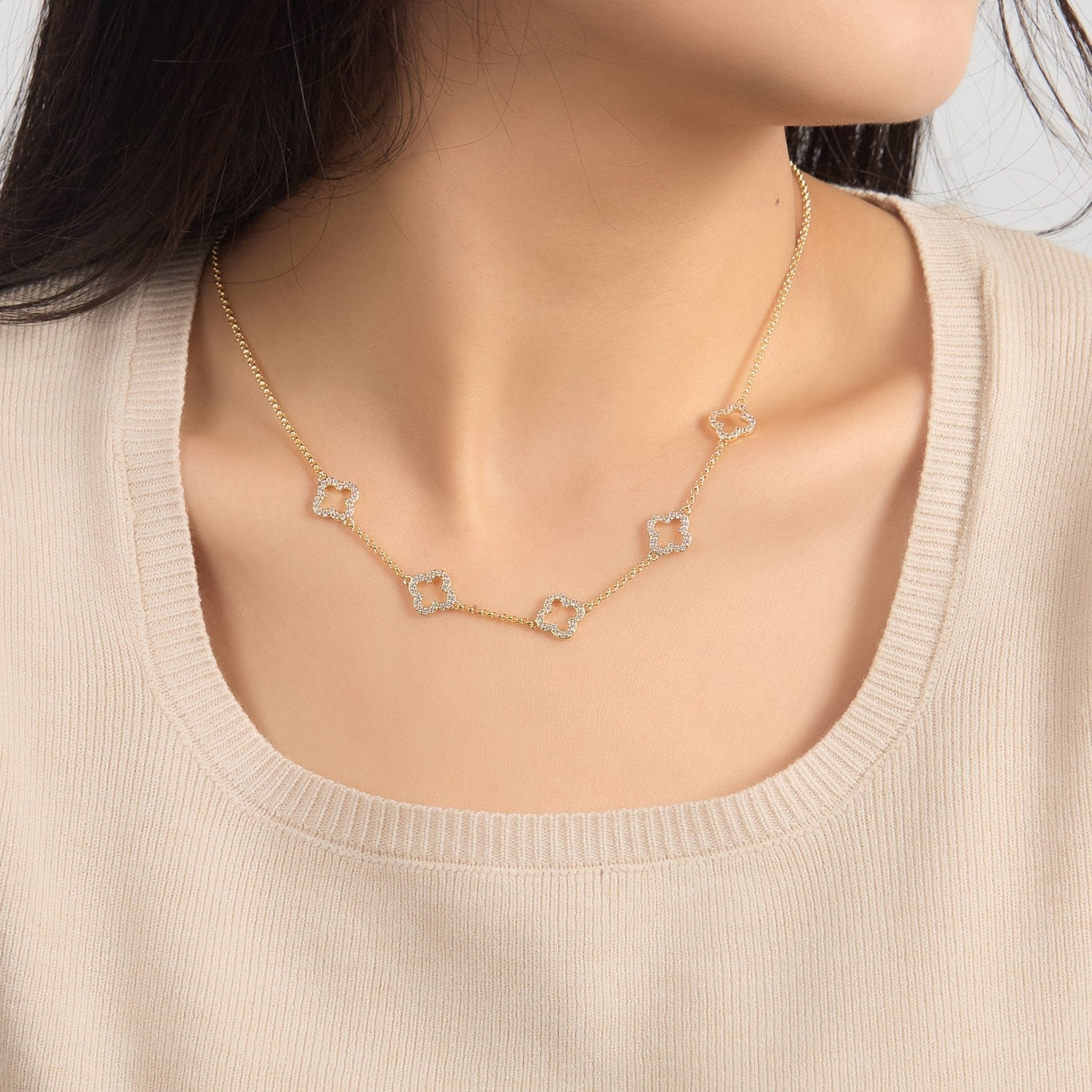 18k Gold Plated Multi Clover Necklace Created with Zircondia® Crystals