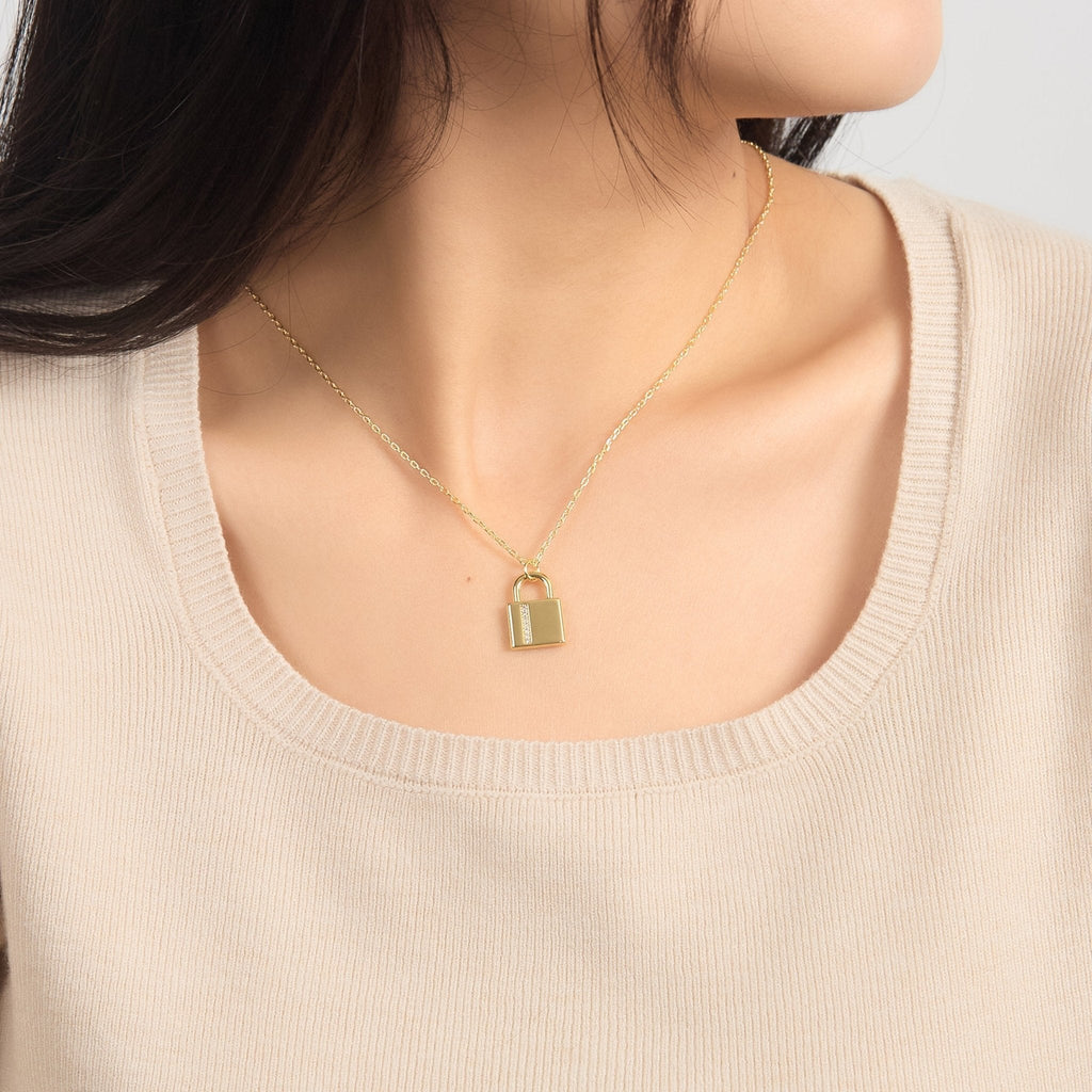 18k Gold Plated Padlock Necklace Created with Zircondia® Crystals