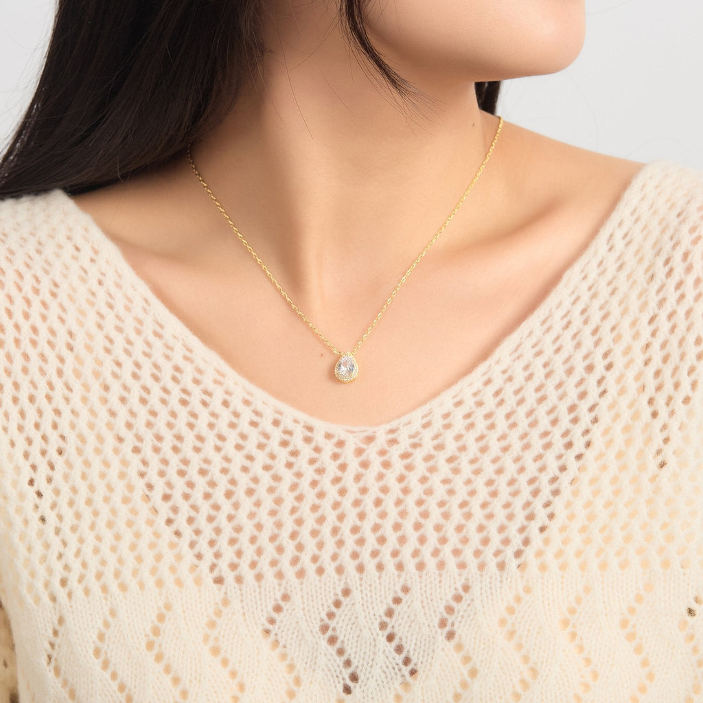 18k Gold Plated Pear Halo Necklace Created with Zircondia® Crystals