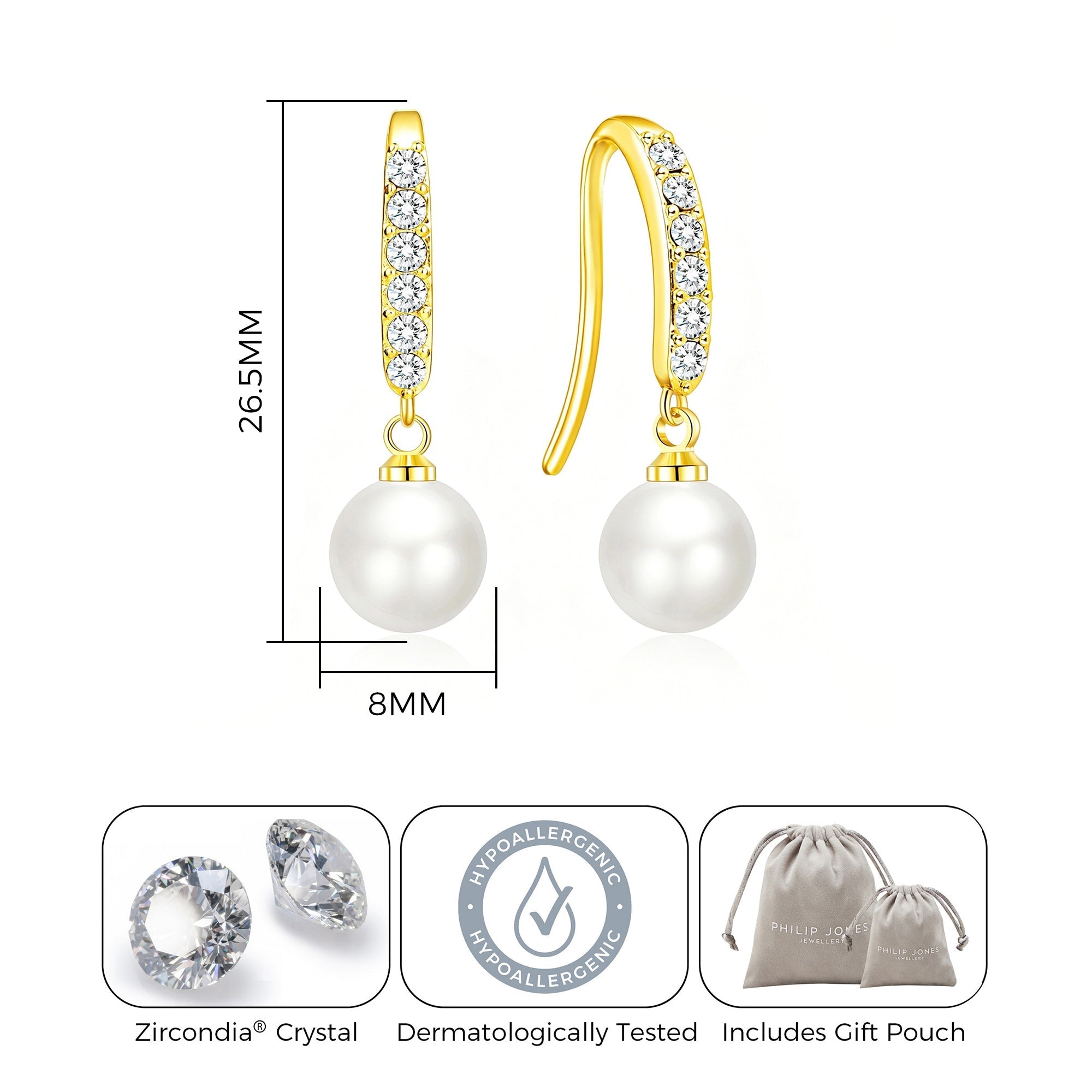 18k Gold Plated Pearl Drop Earrings Created with Zircondia® Crystals