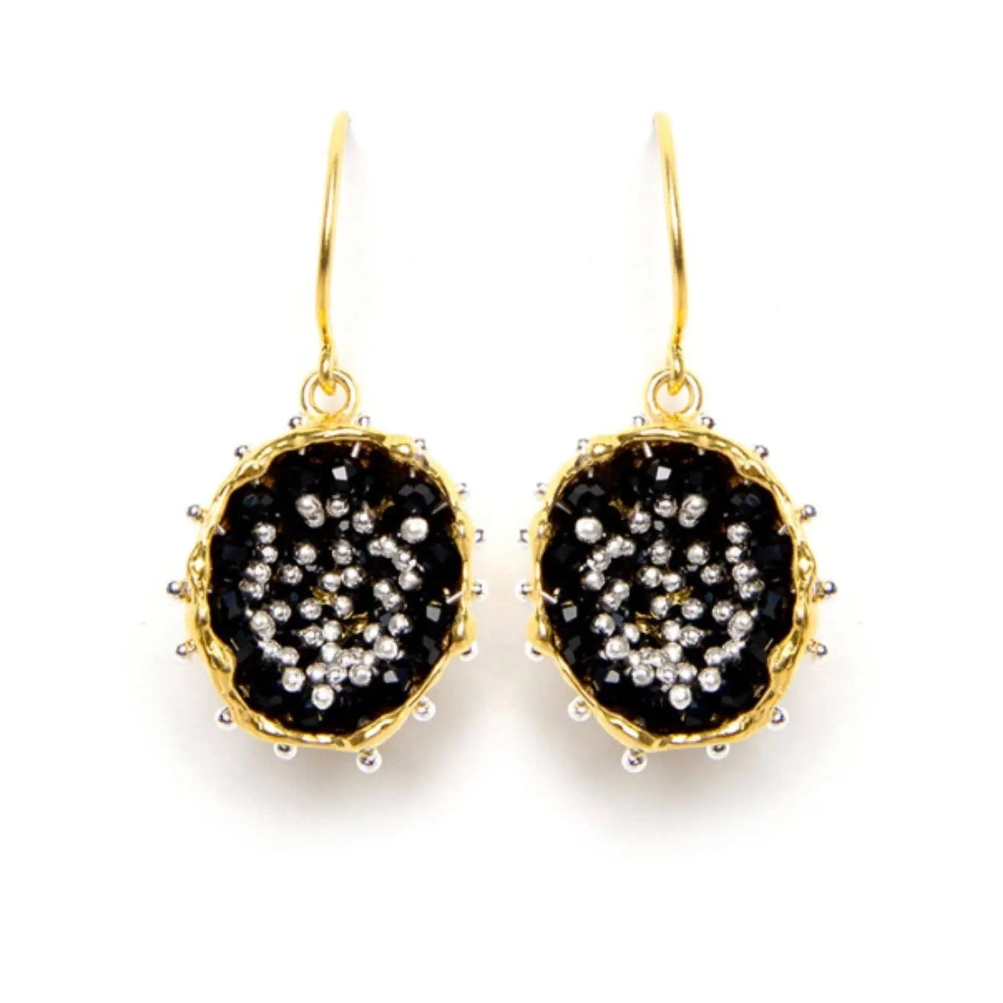 Dance of Stamens Medium Earring, Gold Plated Hollow Bezel with Black Spinel