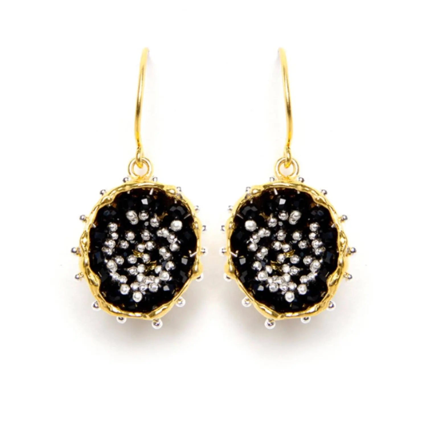 Dance of Stamens Medium Earring, Gold Plated Hollow Bezel with Black Spinel
