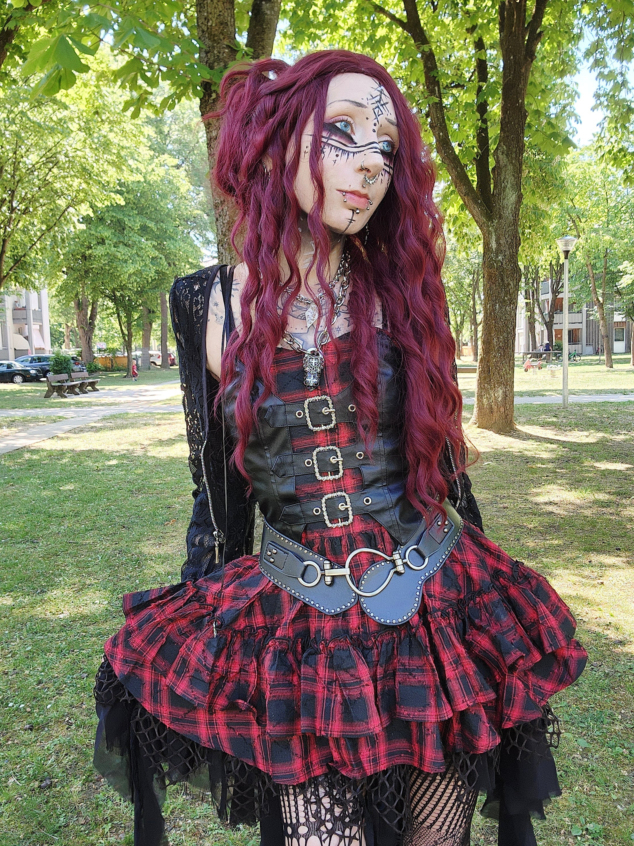 Dark in Love Red-Black Plaid Leather Layered Punk Sweetcore Dress