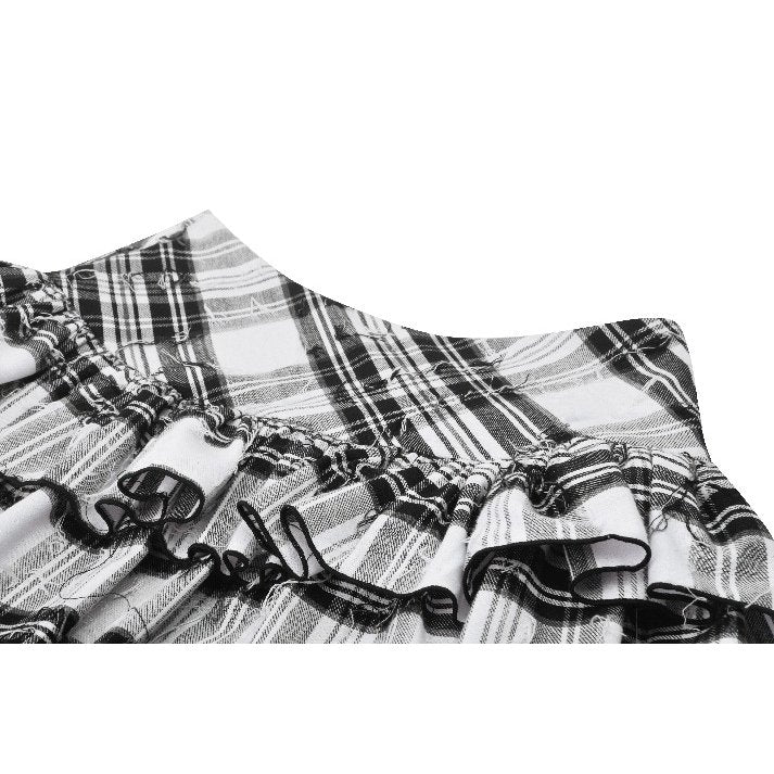Dark in Love Quinn Punk Black and White Checkered Asymmetrical Messy Net Skirt