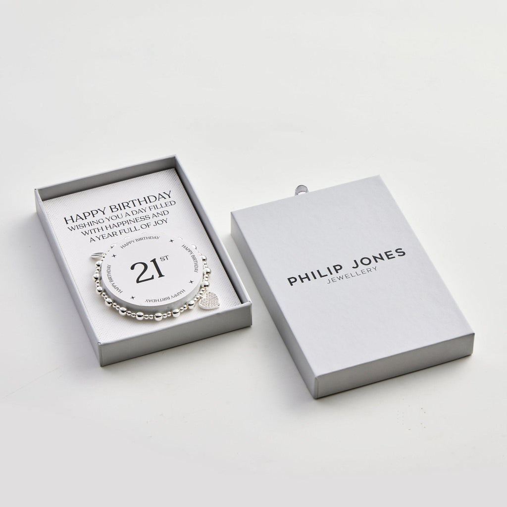 21st Birthday Heart Charm Stretch Bracelet with Quote Gift Box