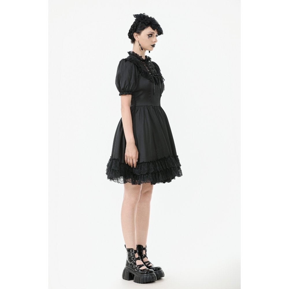 Dark in Love Belladonna Lace-Up High Collar Puff Sleeve Goth Dress  in Black