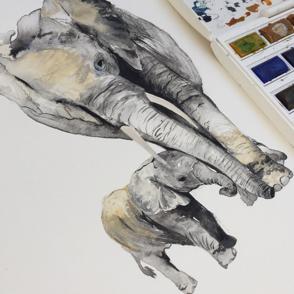 Elephant Mum and Baby Watercolour Print