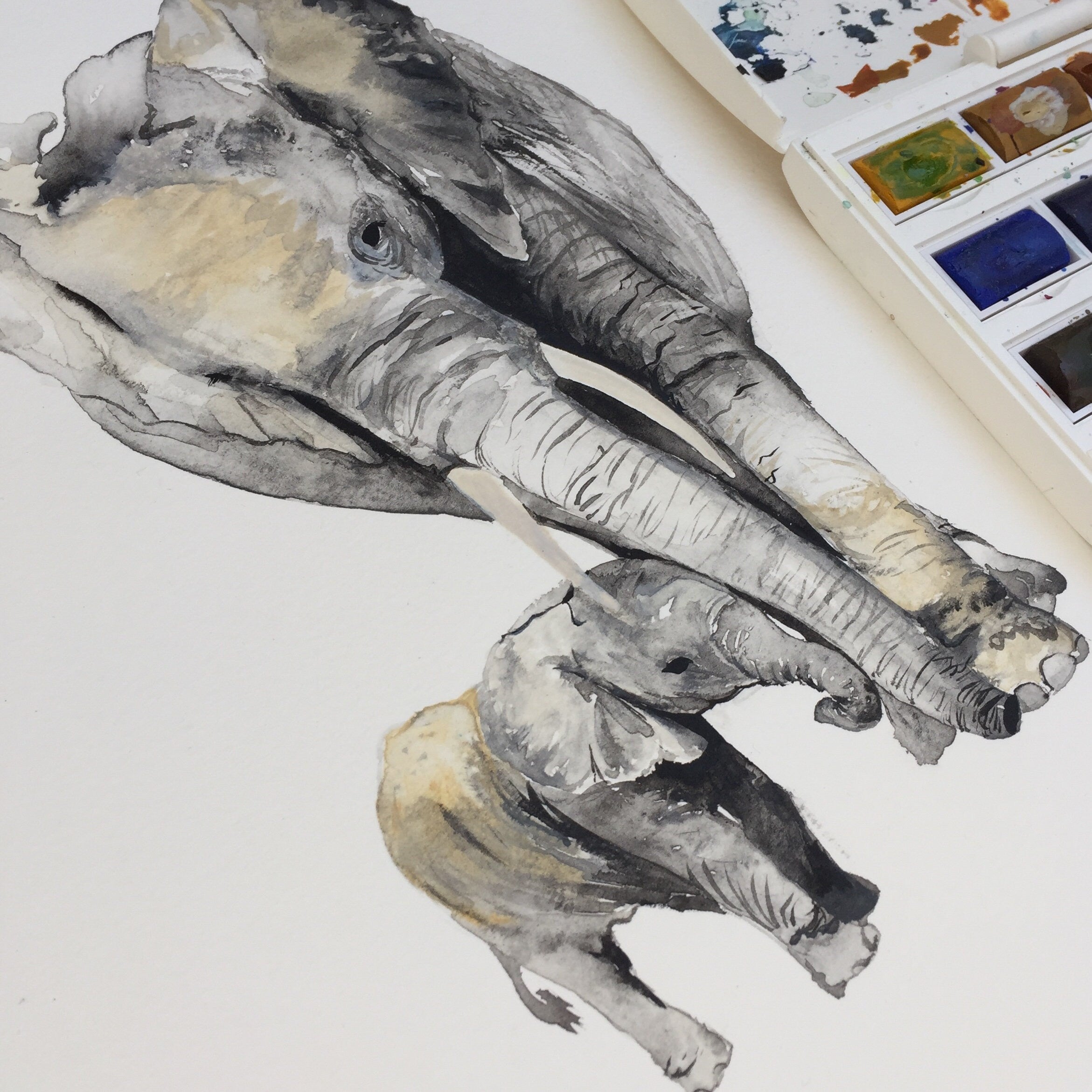 Elephant Mum and Baby Watercolour Print