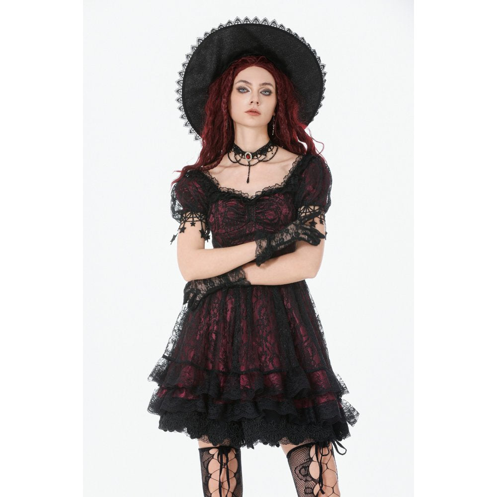 Dark in Love Burgundy & Black Lace Princess Dress with Stars Lace