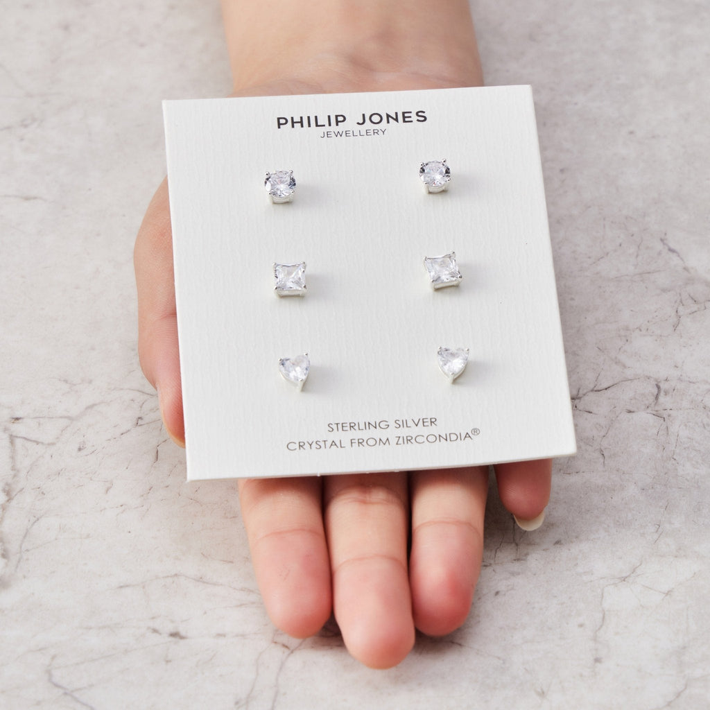 3 Pairs of Sterling Silver Shaped Earrings Created with Zircondia® Crystals