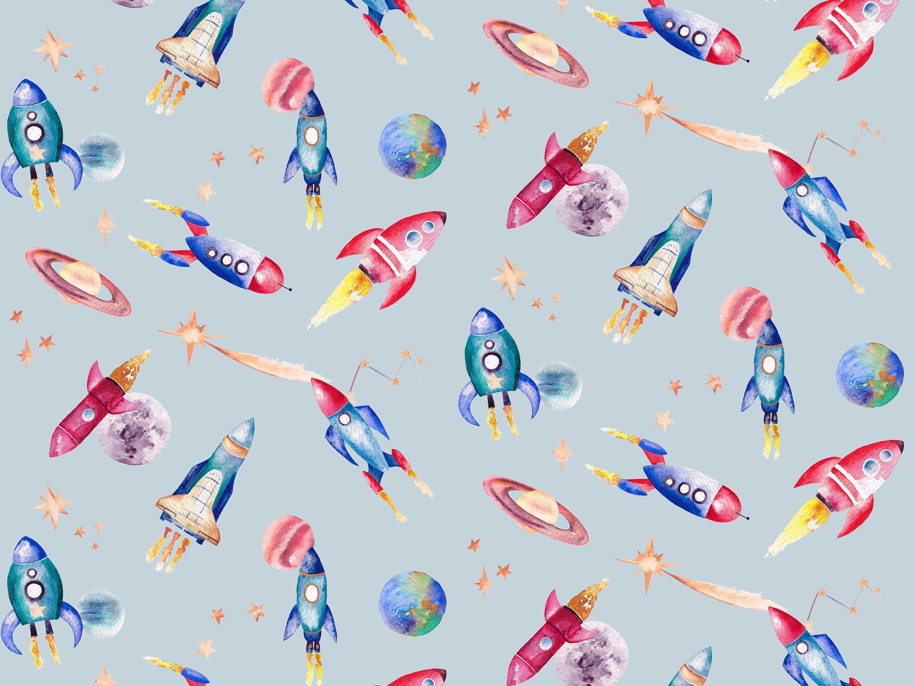 Space Rockets - Printed Cotton Children's Fabric for curtains, blinds and cushions