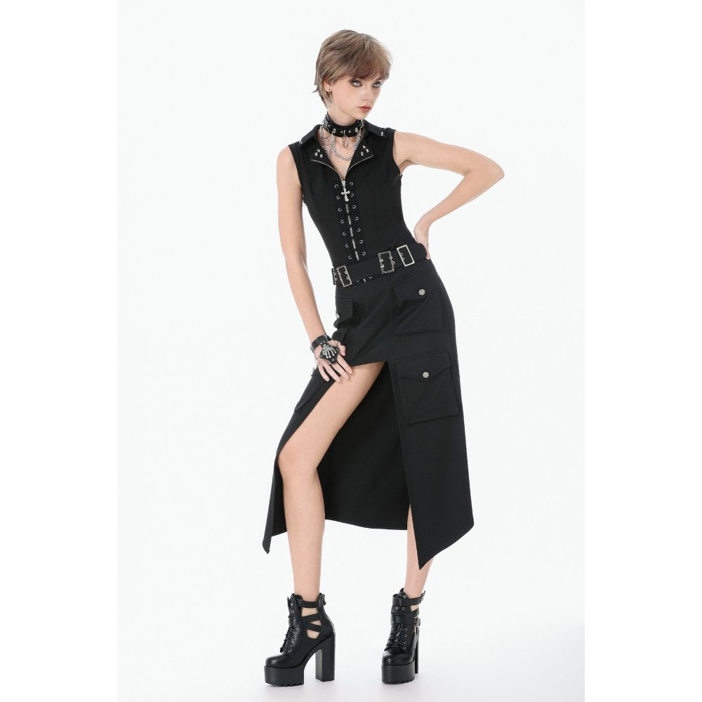 Dark in Love Punk Layered Pocket Cutout Belted Long Skirt