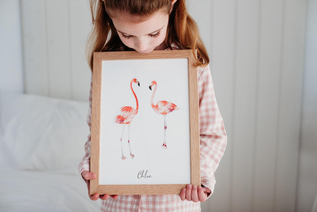 Personalised Watercolour Flamingo Art Print – Custom Nursery or Kids Room Decor, A3/A4/A5 Sizes