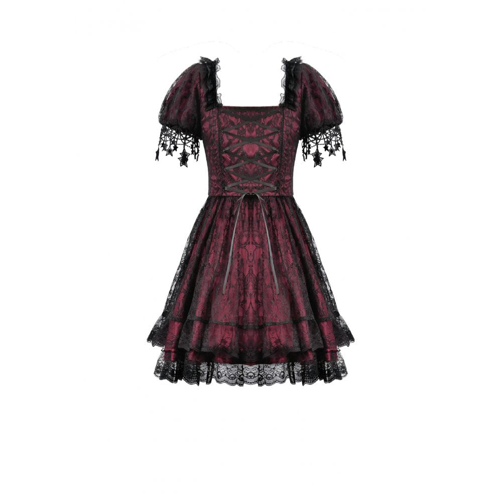 Dark in Love Burgundy & Black Lace Princess Dress with Stars Lace