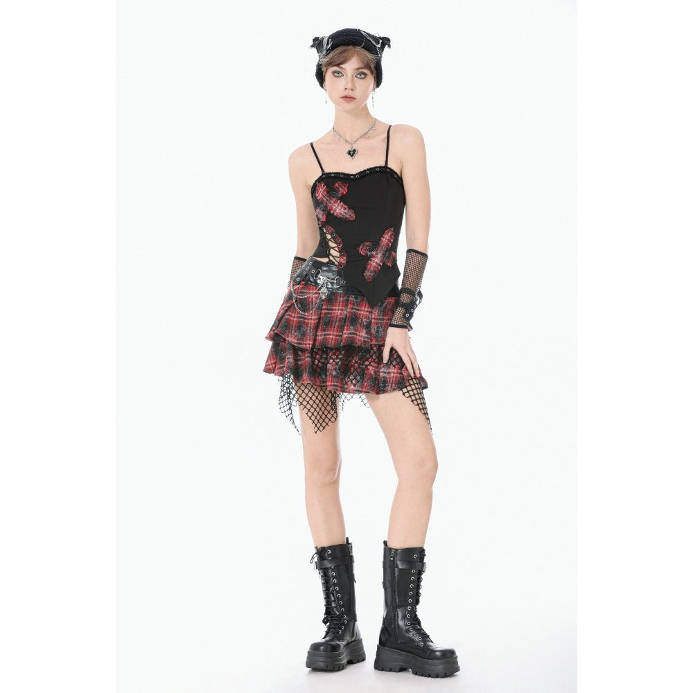 Dark in Love Punk Black and Tartan Cross Strap Nevida Top
