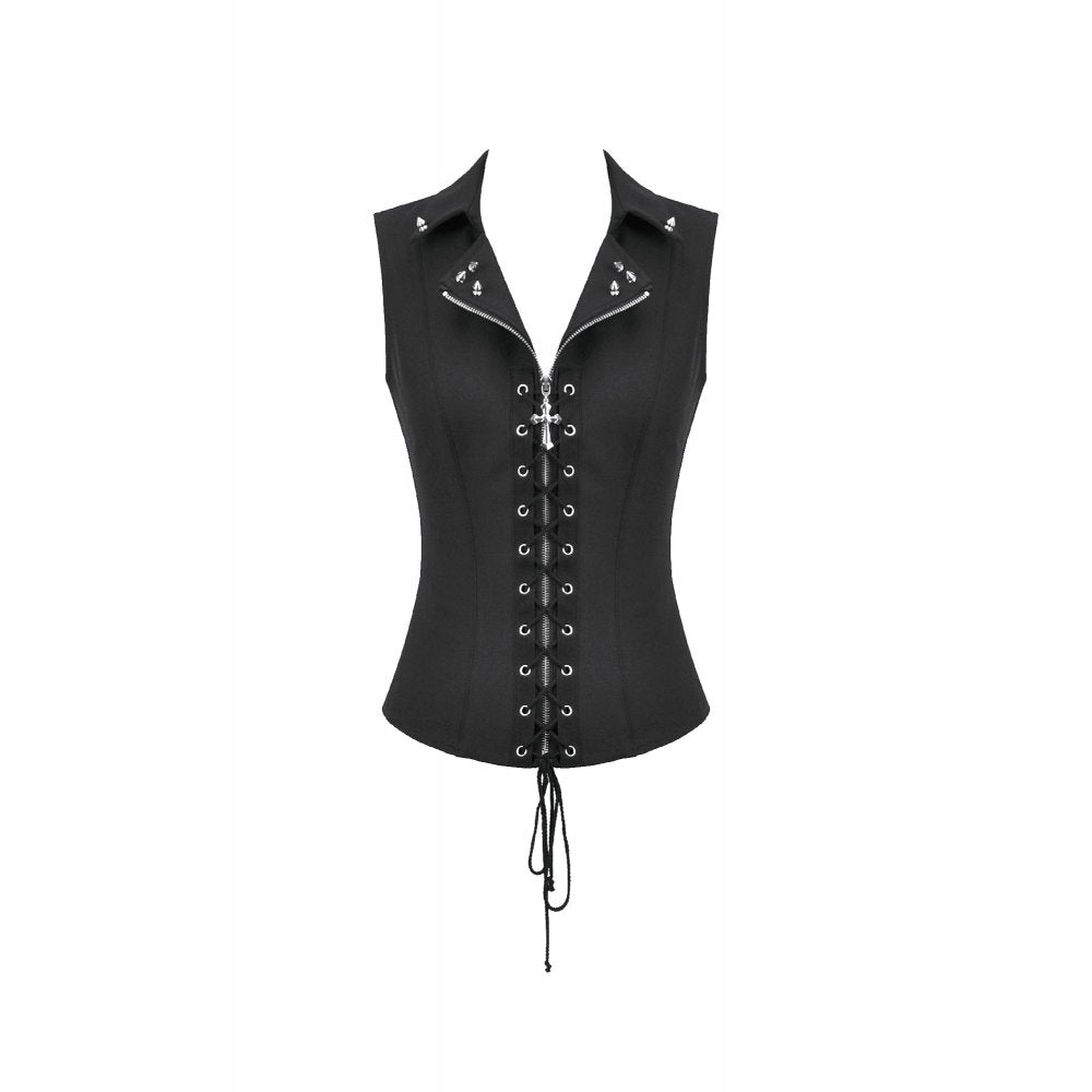 Dark in Love Punk Studded Lace-Up Vest - Alternative Top in Black