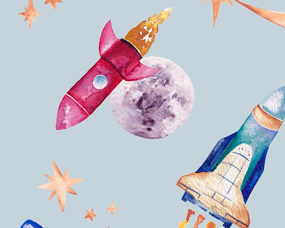 Space Rockets - Printed Cotton Children's Fabric for curtains, blinds and cushions