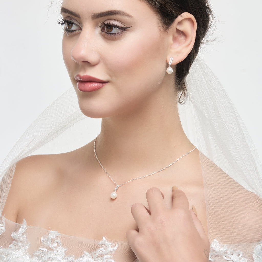 Silver Plated I Couldn't Say I Do Without You Infinity Pearl Drop Bridal Set with Zircondia® Crystals